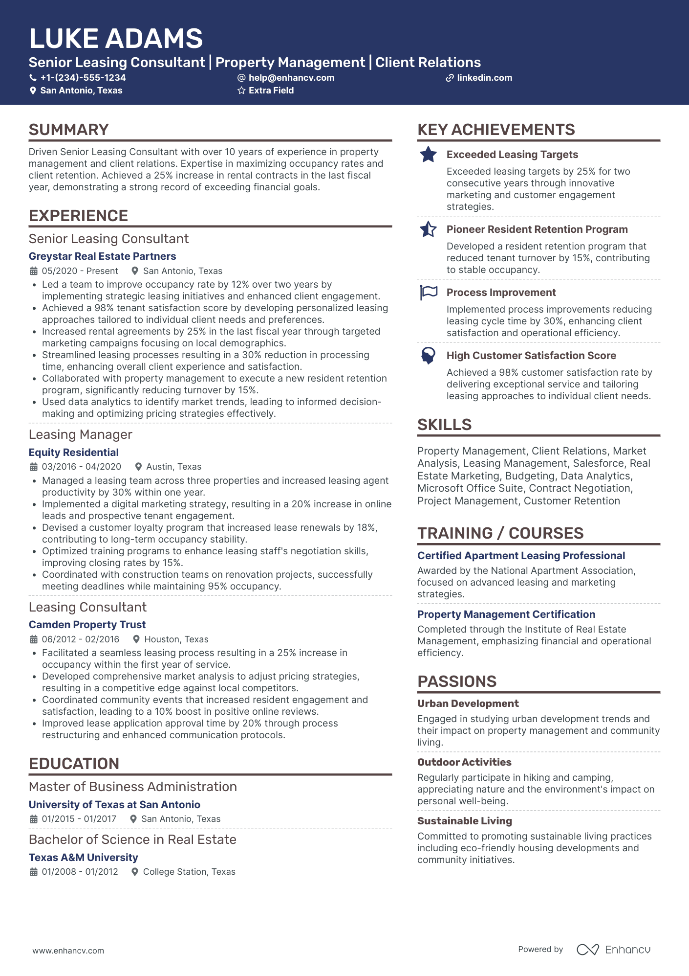 Senior Leasing Consultant Resume Example