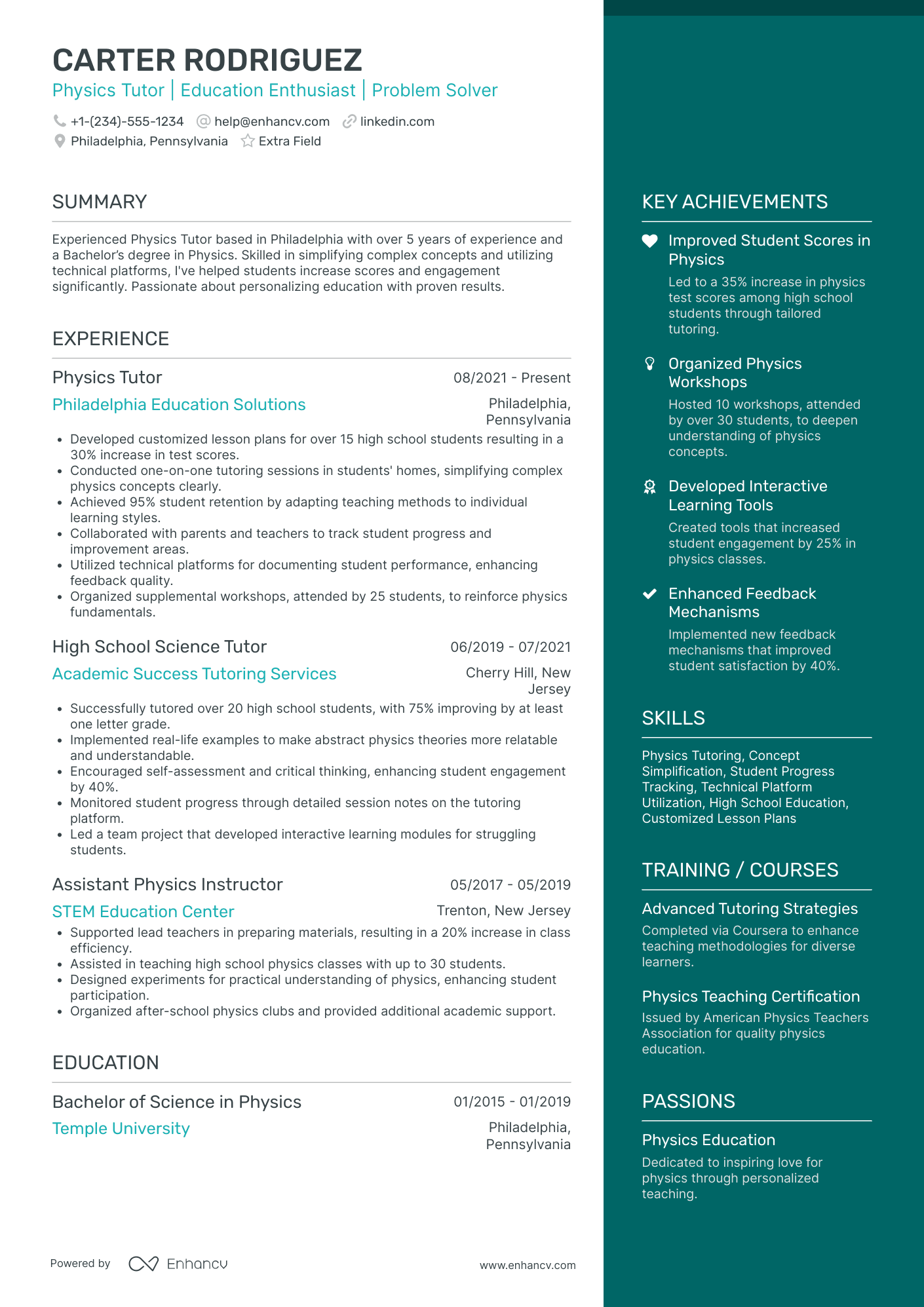 Online Physics Tutor Resume Example