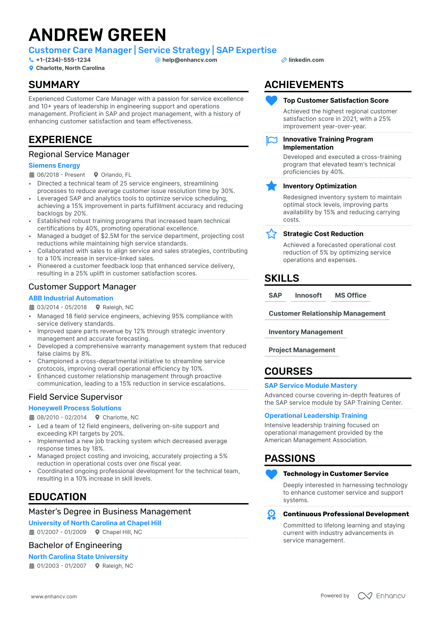 Customer Care Manager Resume Example