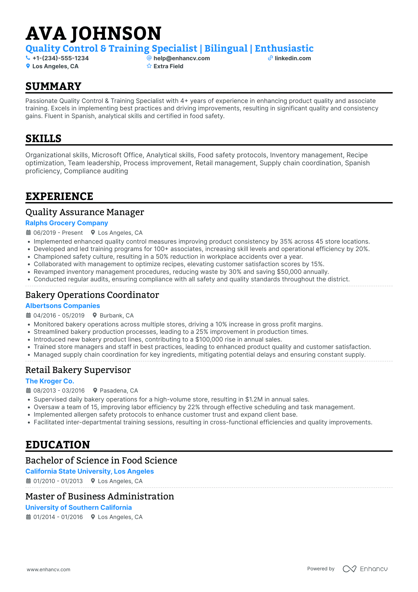 Bakery Quality Control Specialist Resume Example