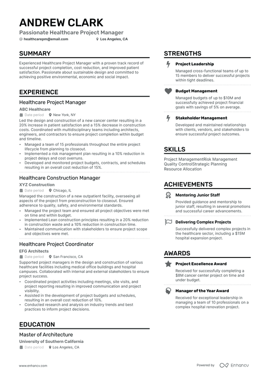 Healthcare Project Manager Resume Example