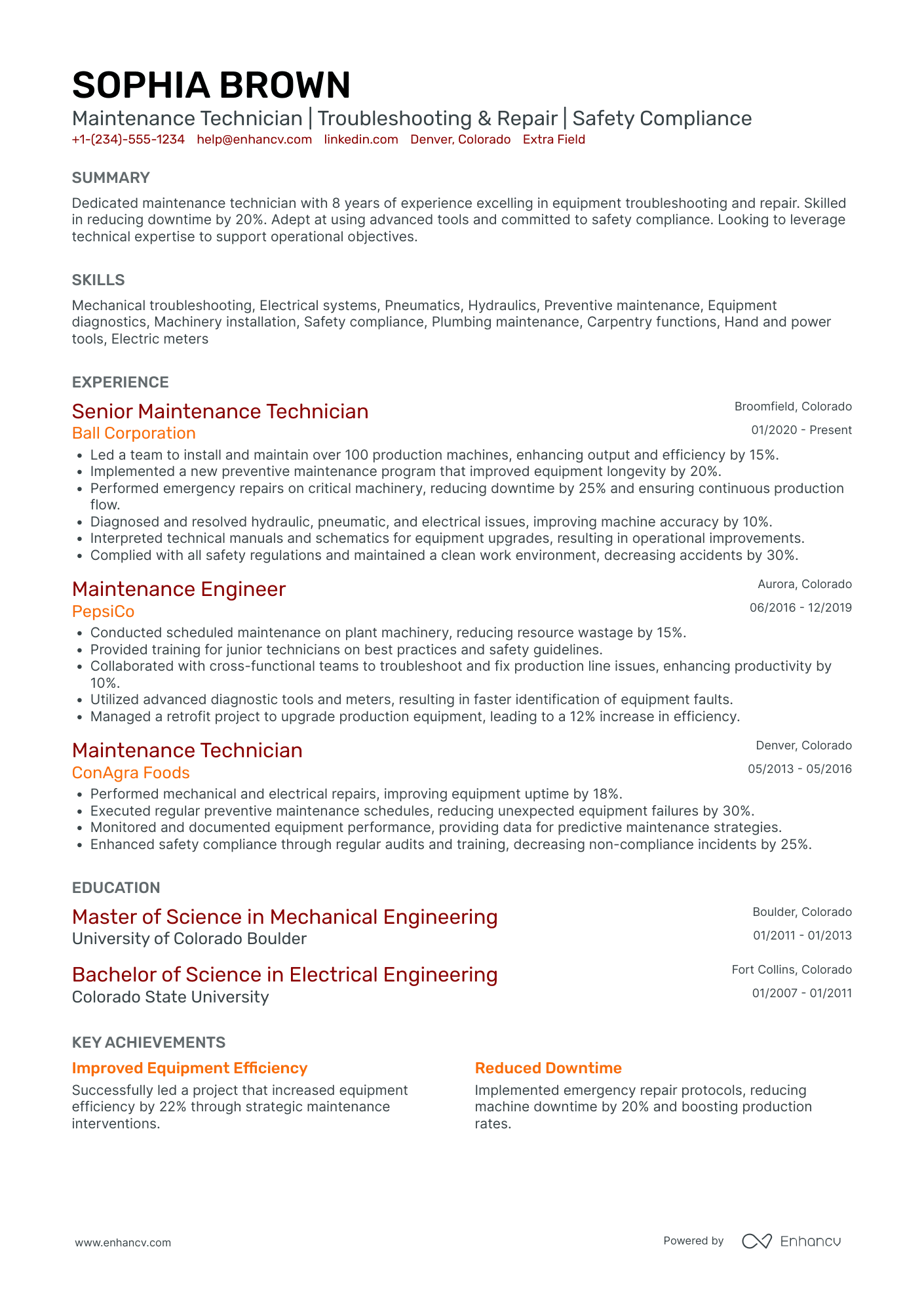 Preventive Maintenance Technician Resume Example