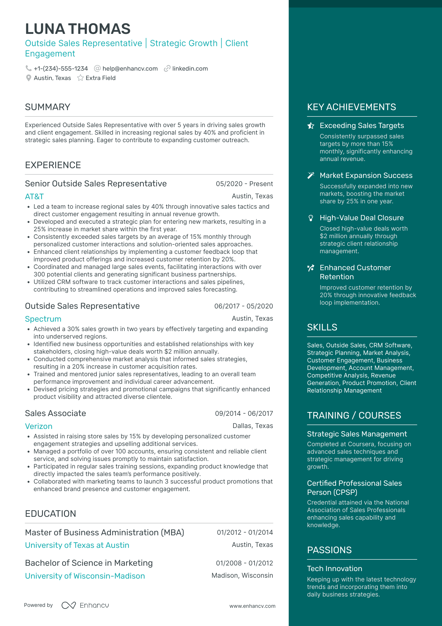 Mid Level Outside Sales Agent Resume Example