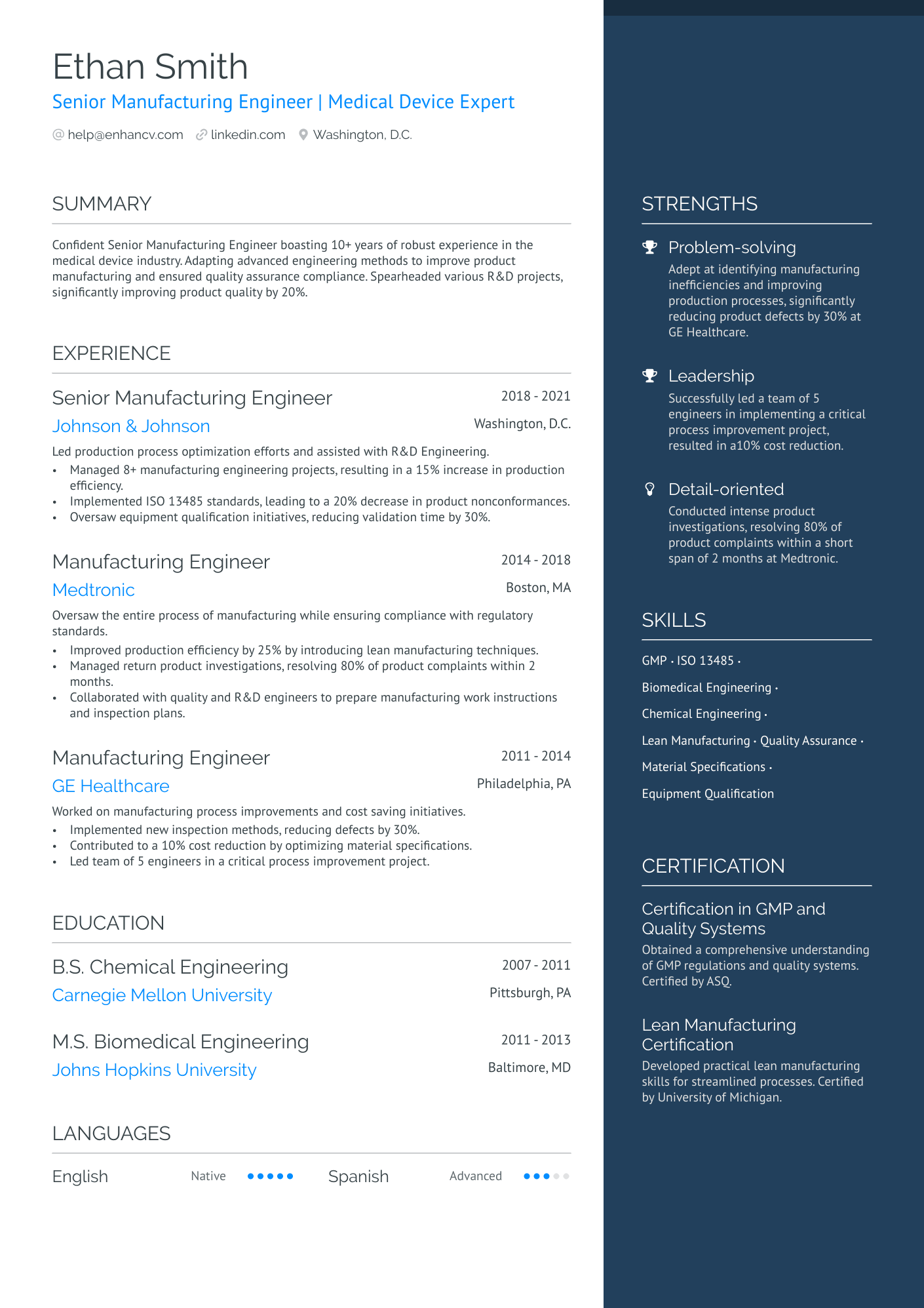 Senior Manufacturing Engineer Resume Example