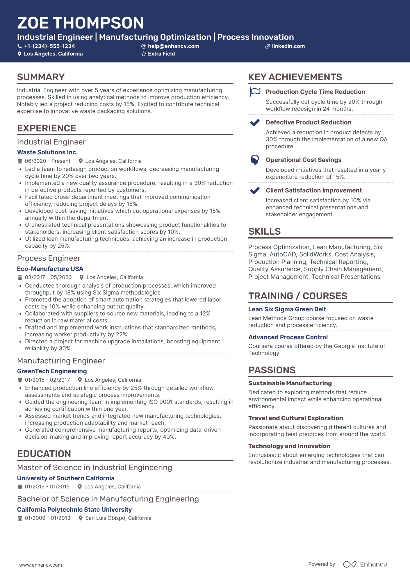 Industrial Process Engineer Resume Example