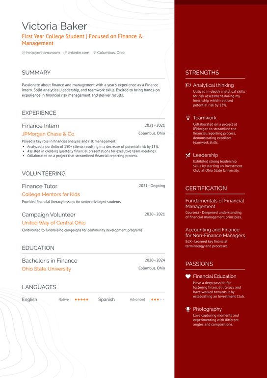 First Year College Student Resume Example