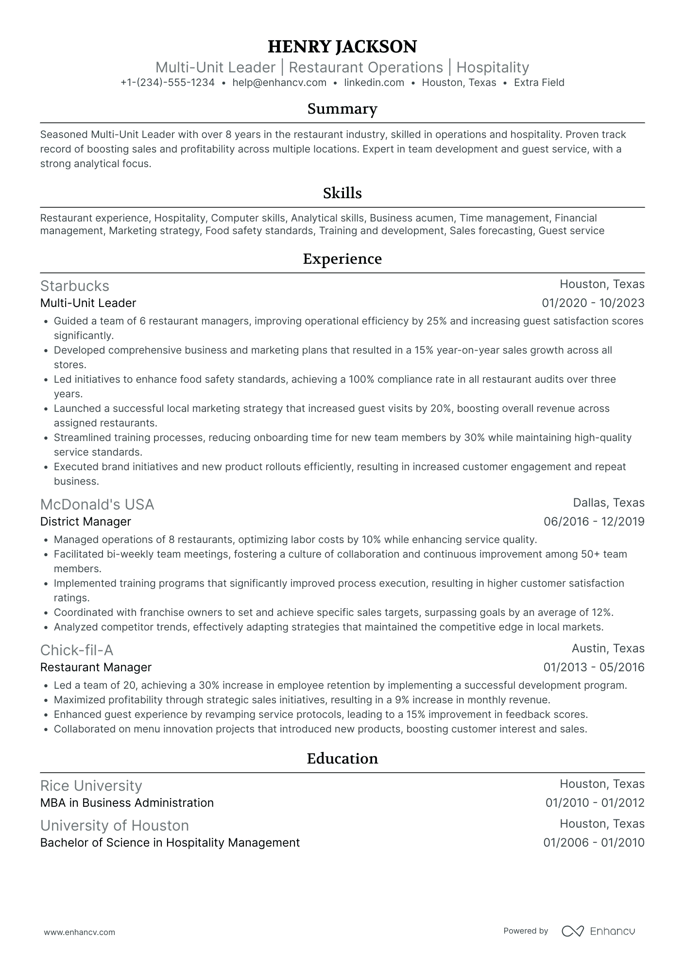 Multi unit Restaurant Manager Resume Example