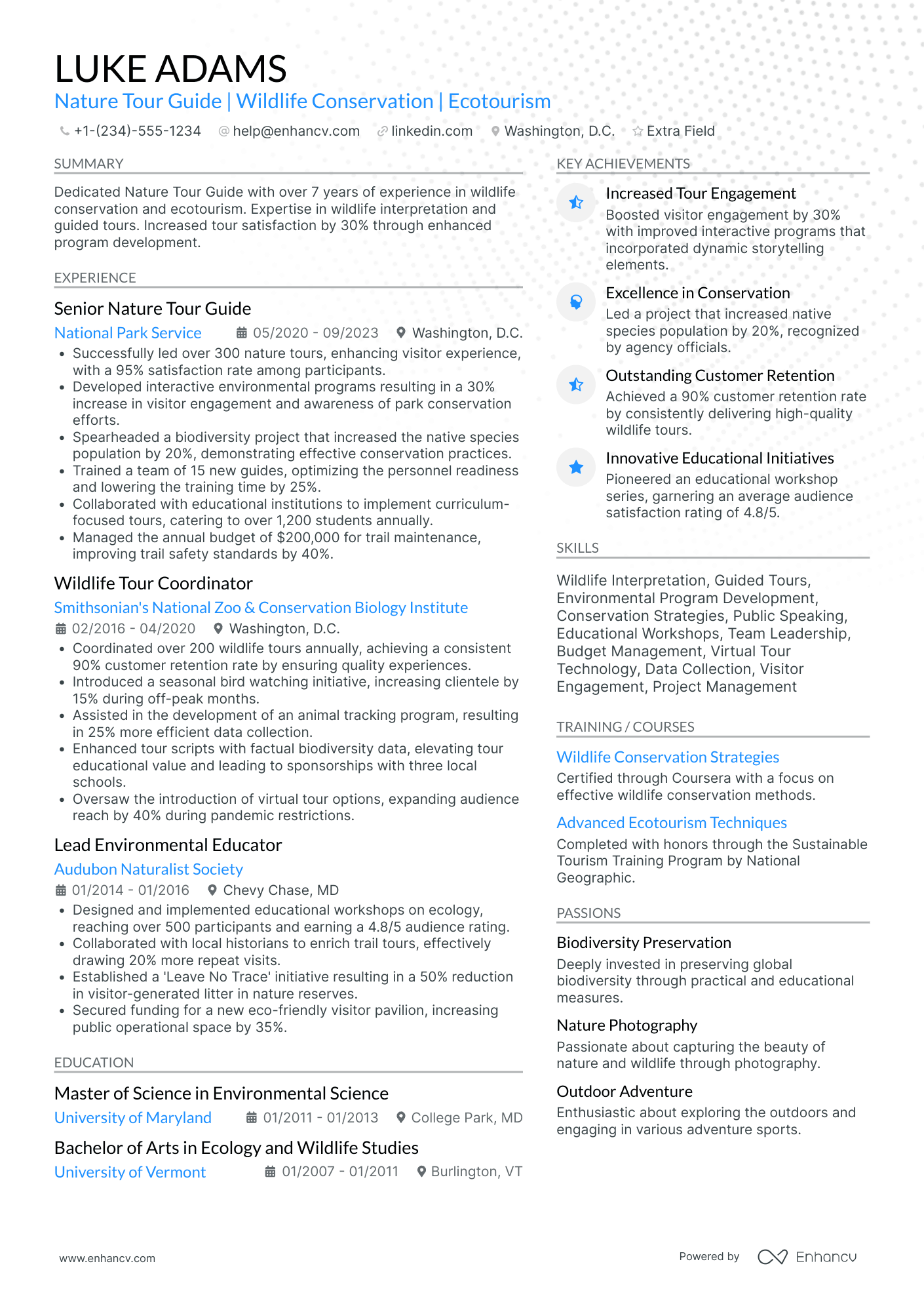 Nature Tour Guide Resume Example