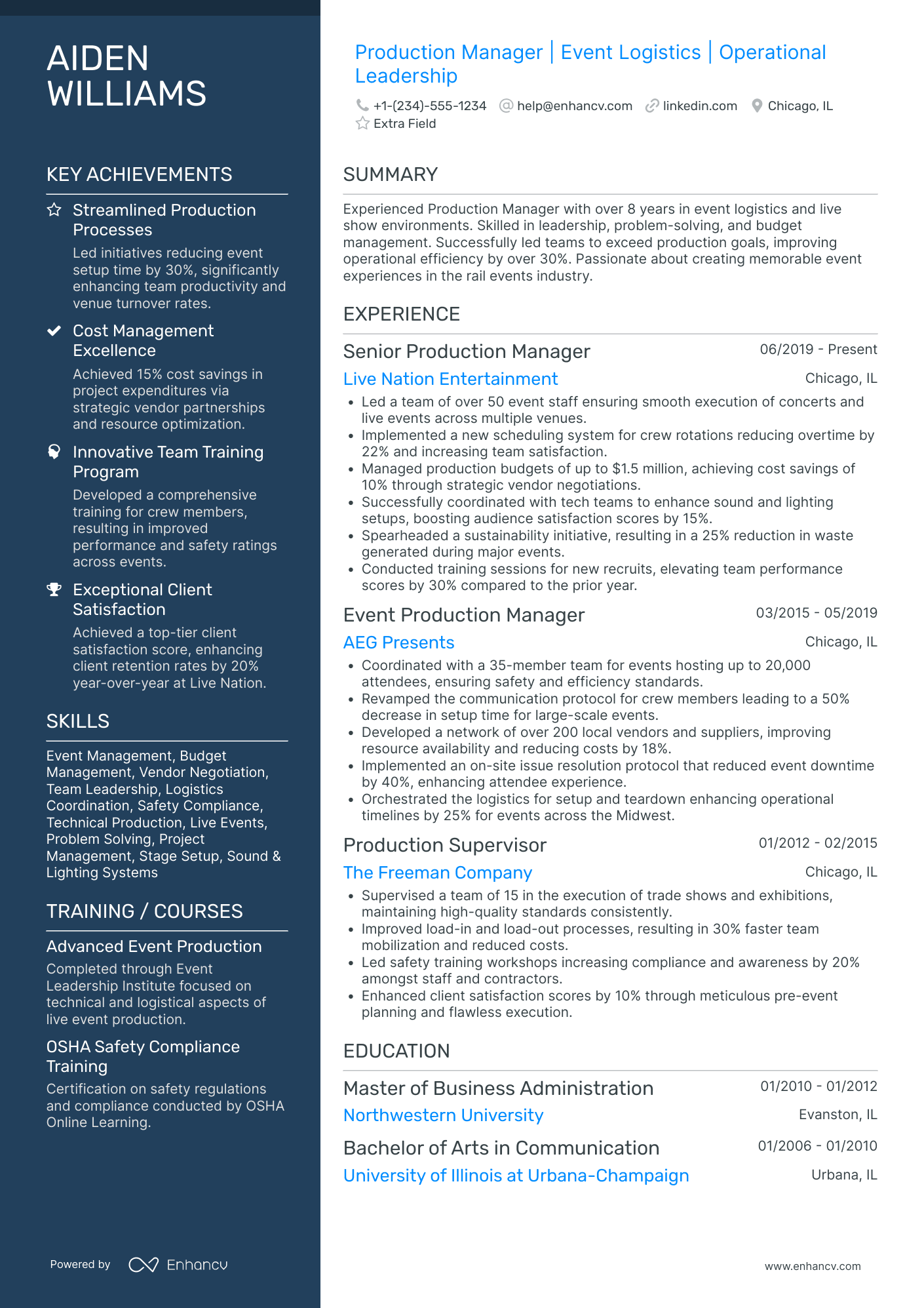 Tour Production Manager Resume Example