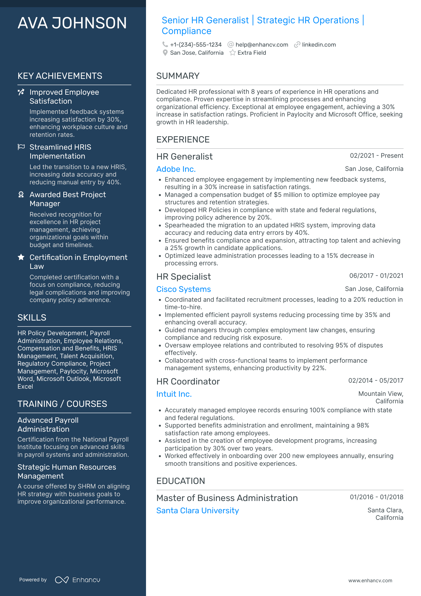 Senior HR Generalist Resume Example