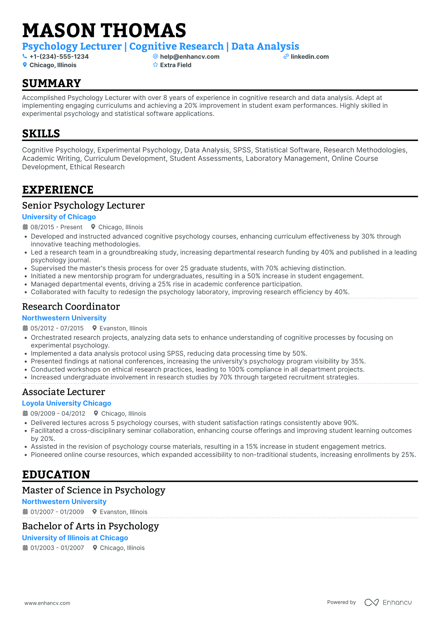 Professor of Psychology Resume Example