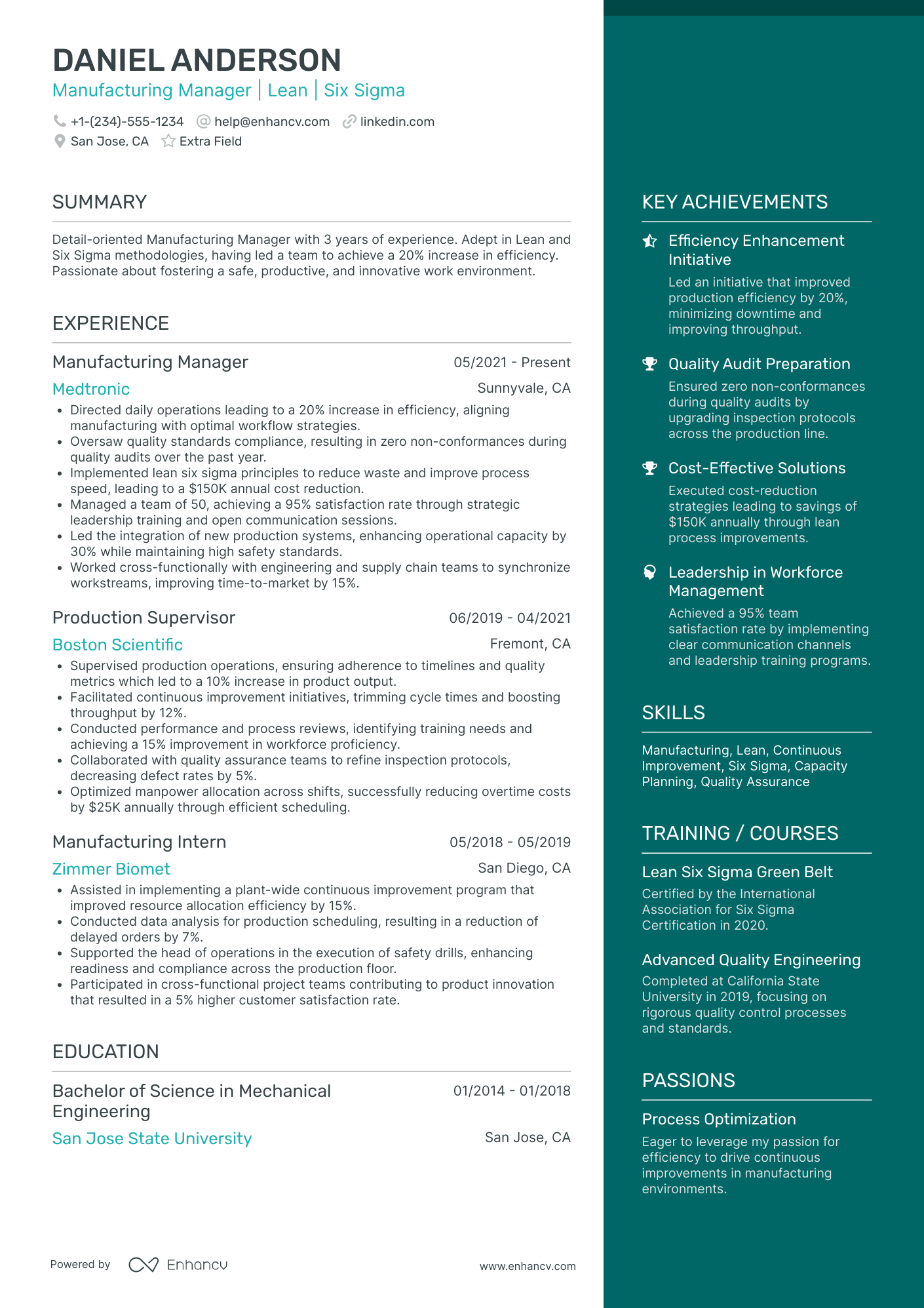 Junior Manufacturing Manager Resume Example