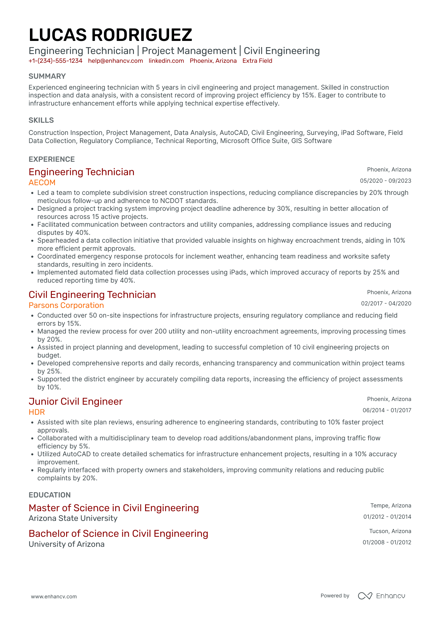 Civil Engineering Technician Resume Example