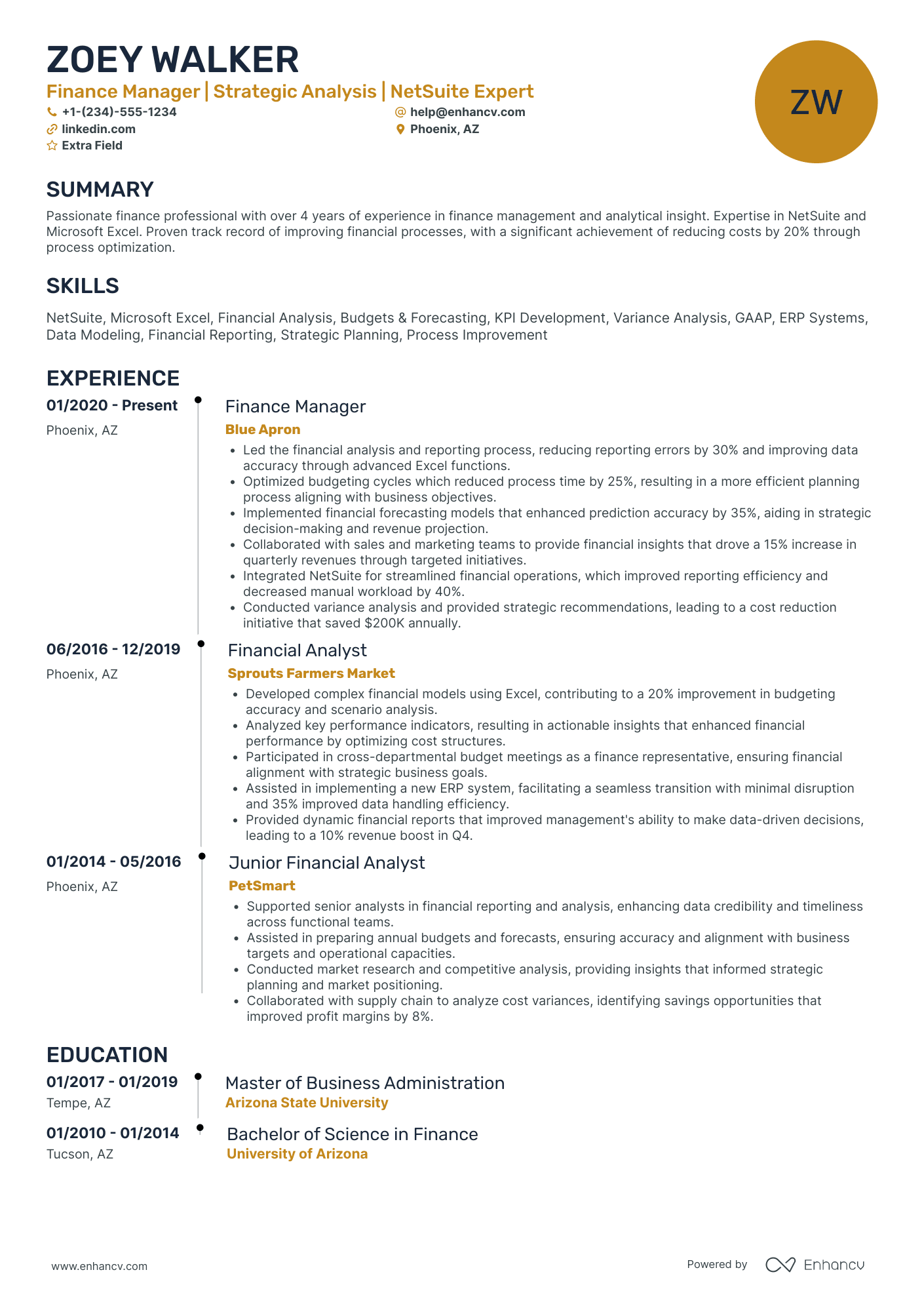 Finance Specialist Manager Resume Example