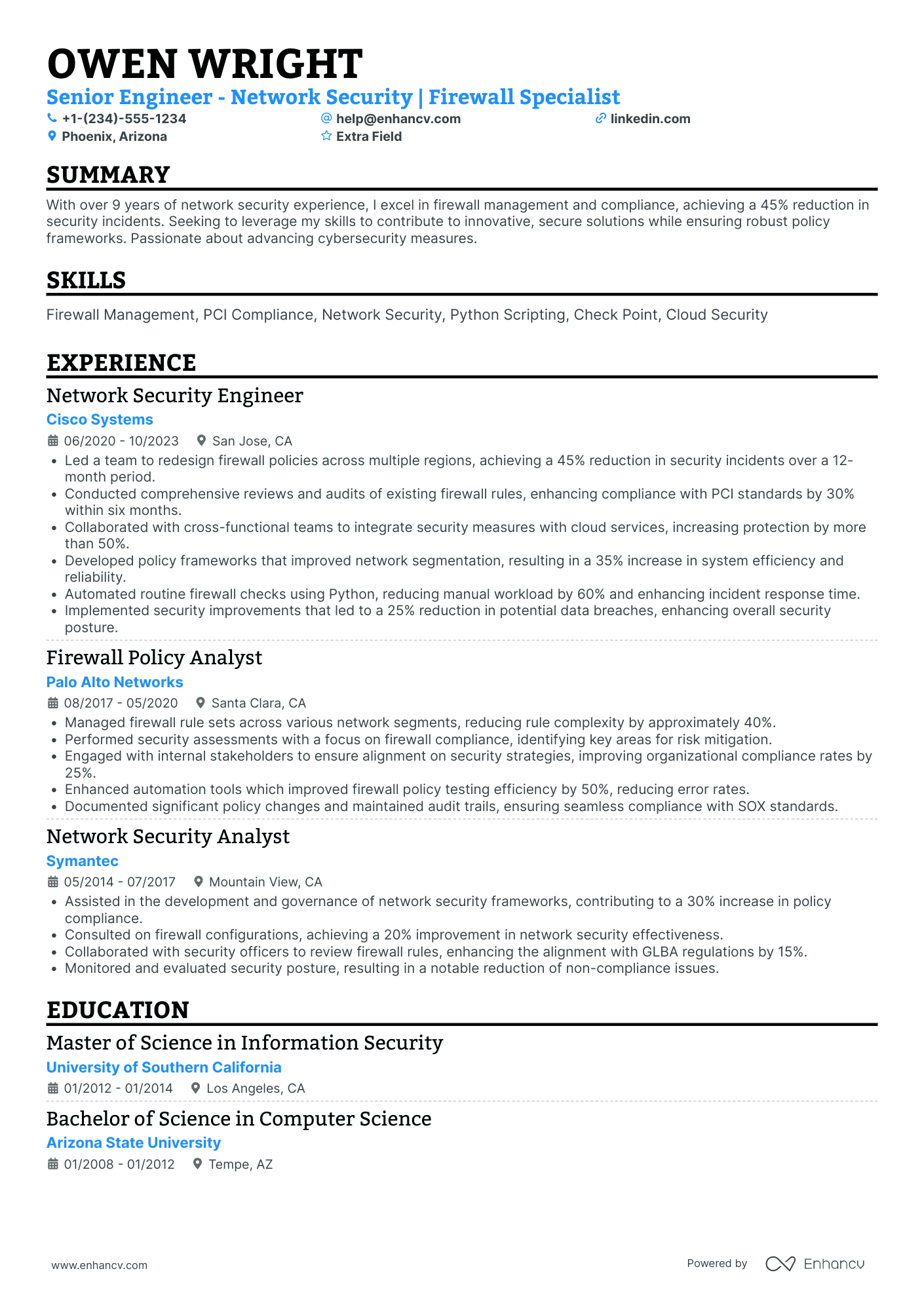 Senior Network Security Engineer Resume Example