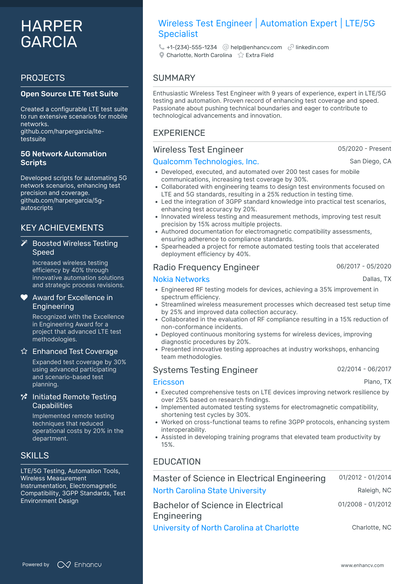 Wireless Test Engineer Resume Example