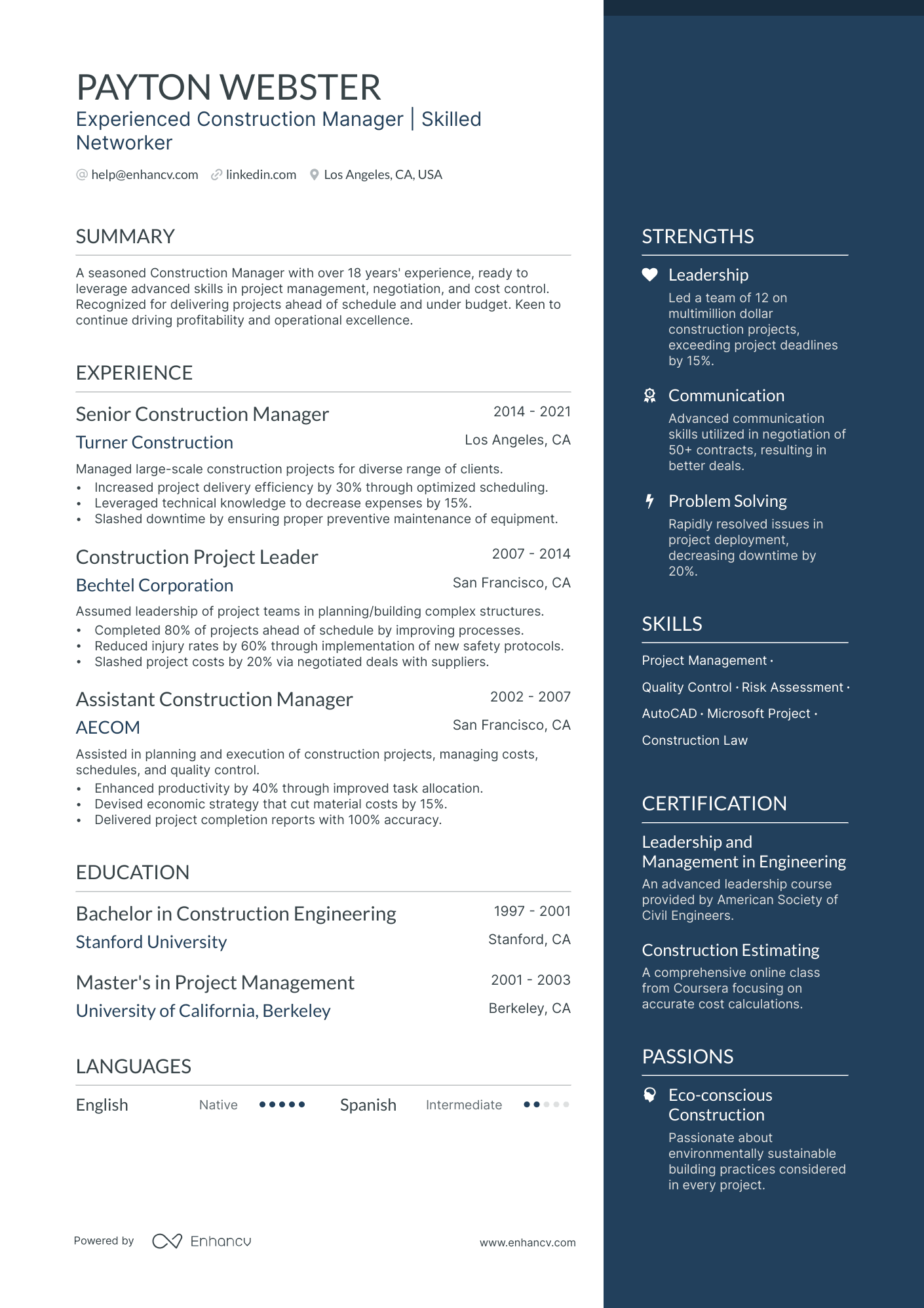 Construction Business Owner Resume Example