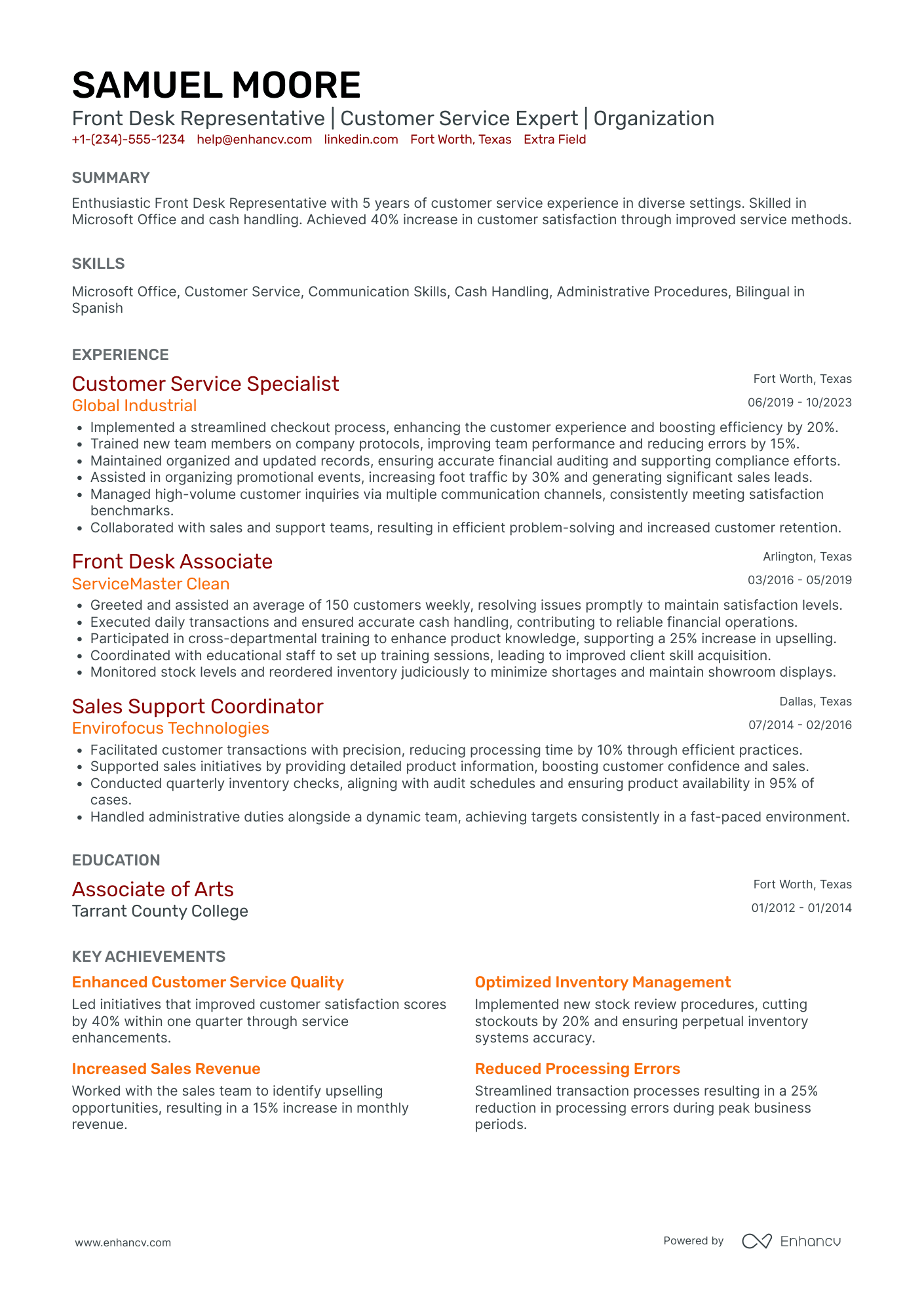 Bilingual Front Desk Receptionist Resume Example