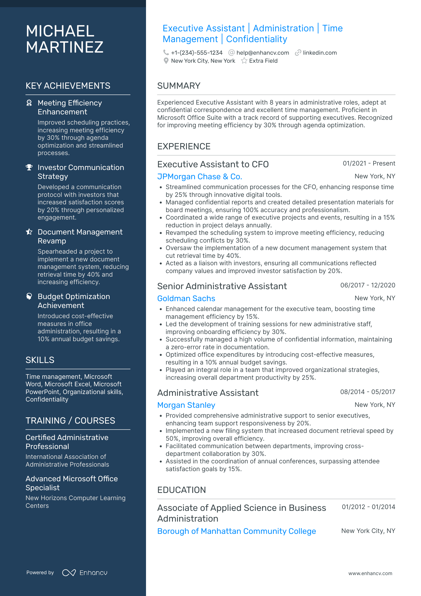 Executive Assistant to the Chief Financial Officer Resume Example