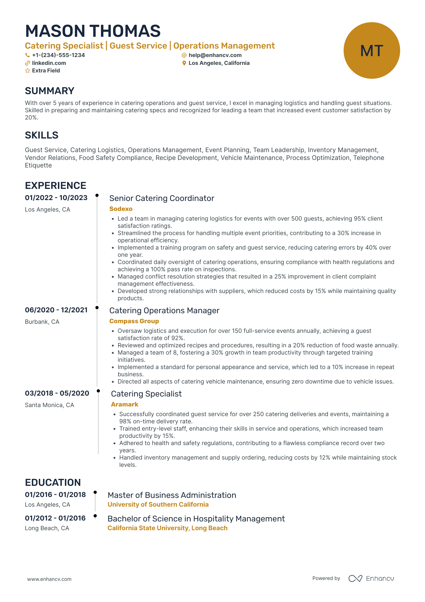 Catering Service Specialist Resume Example