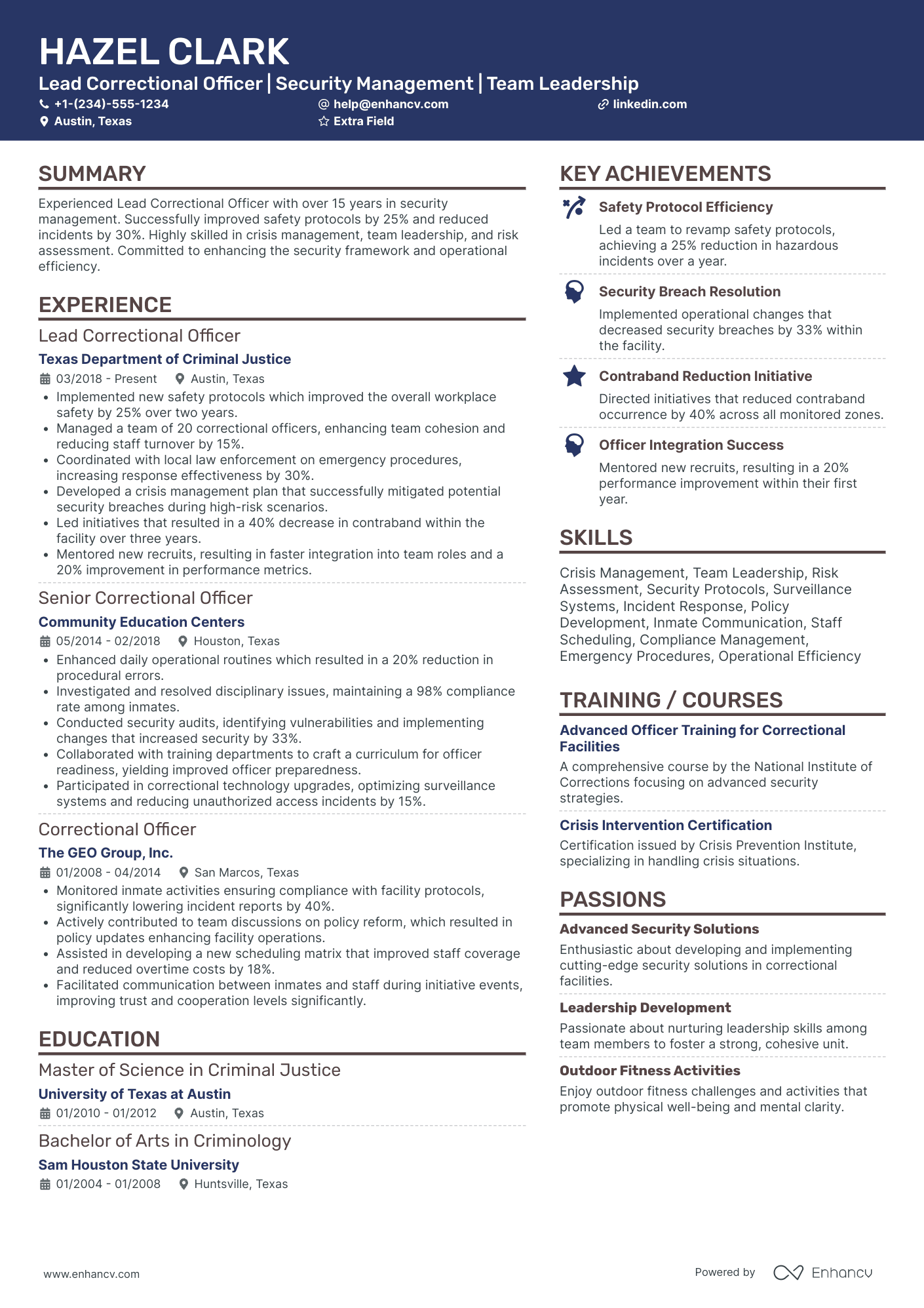 Lead Correctional Officer Resume Example