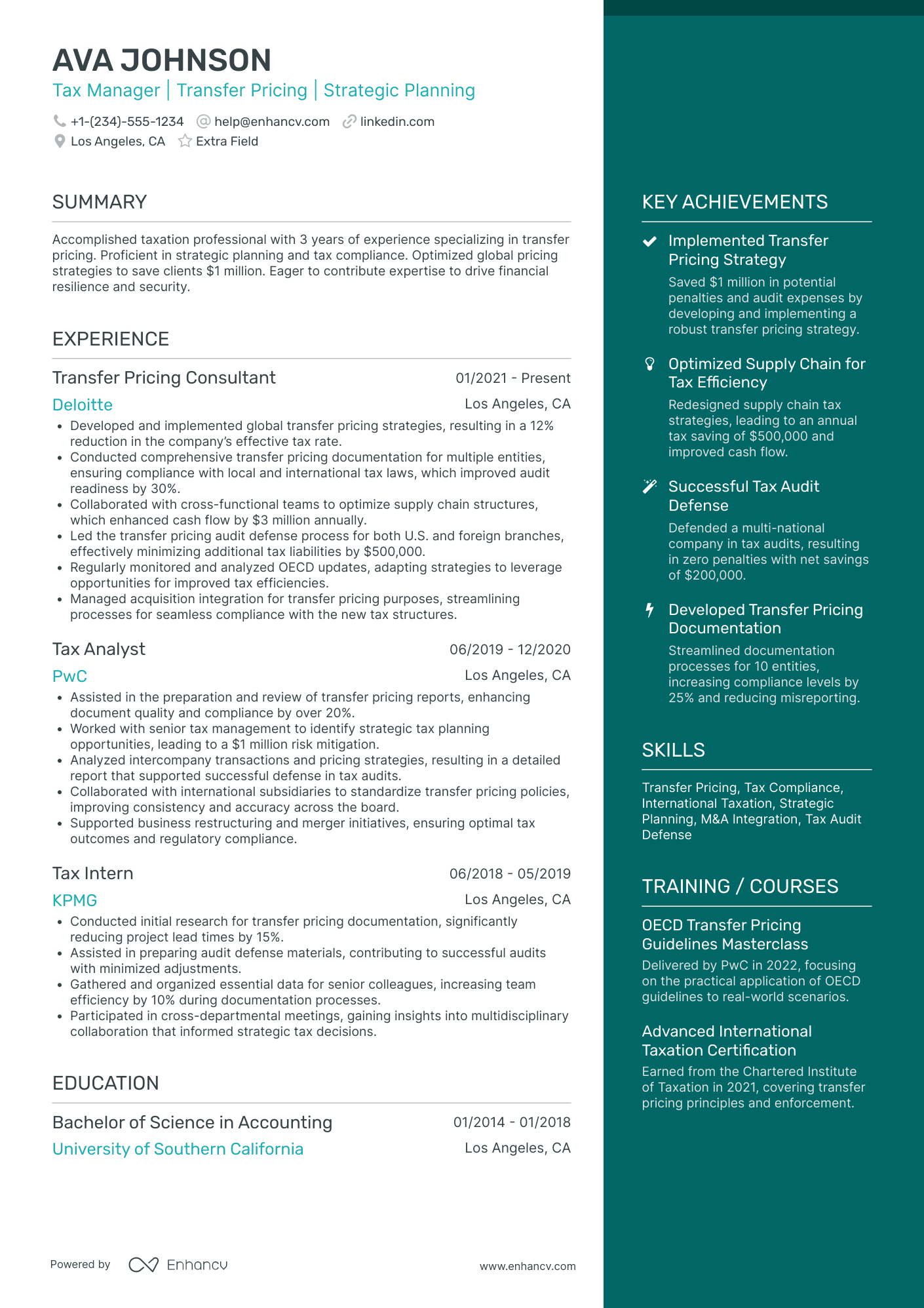 Junior Tax Manager Resume Example