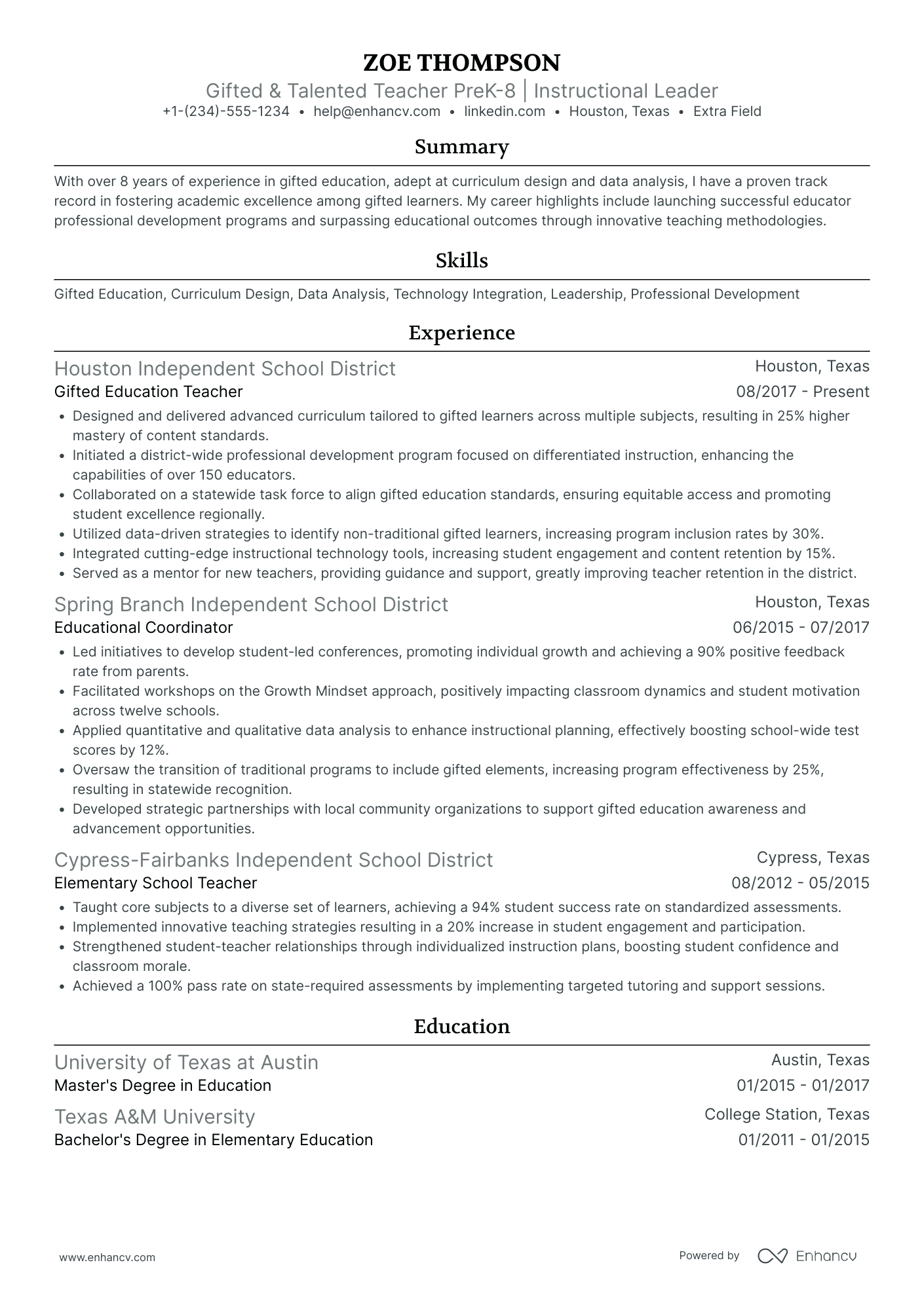 Elementary School Gifted and Talented Teacher Resume Example