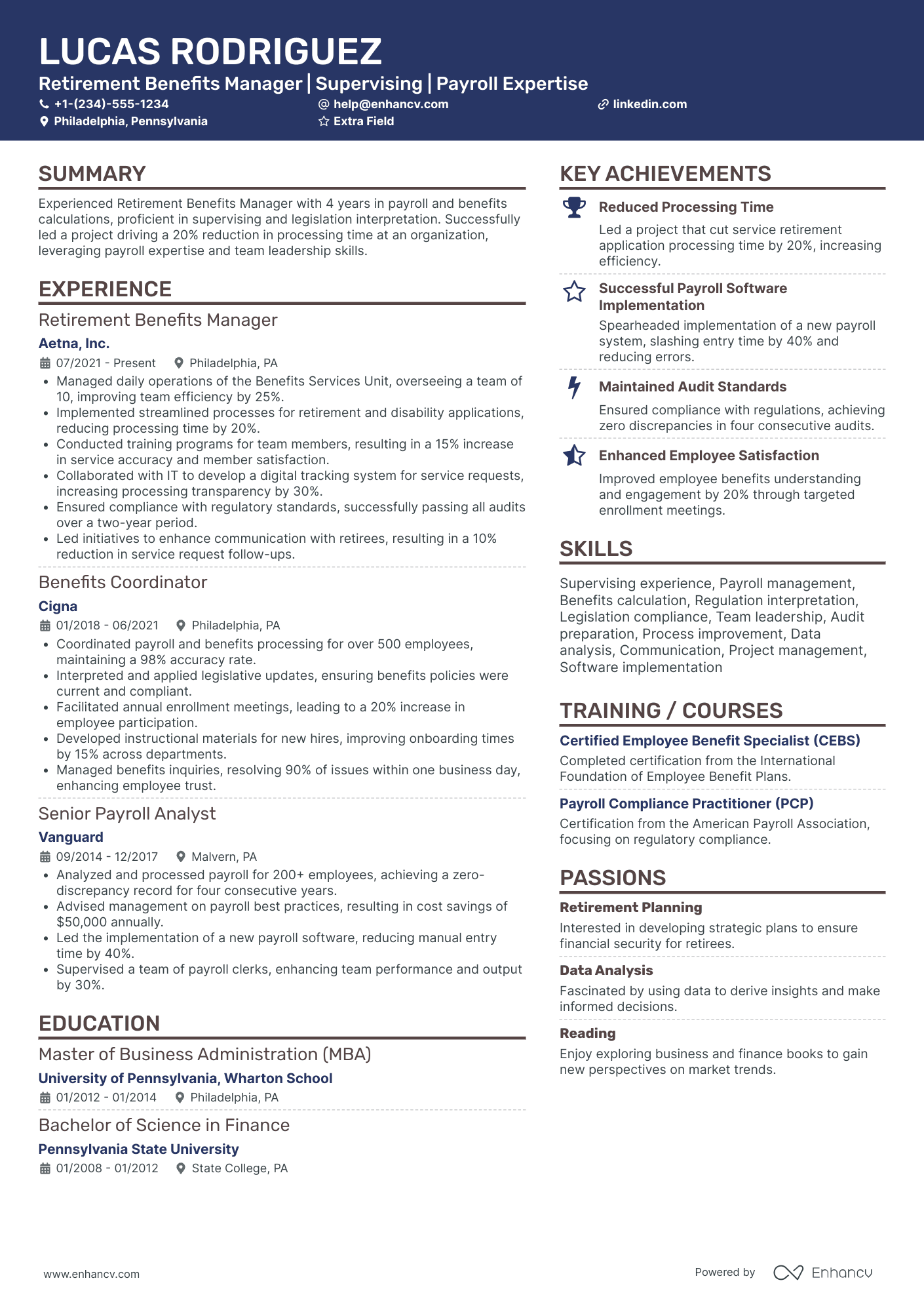 Retirement Benefits Manager Resume Example