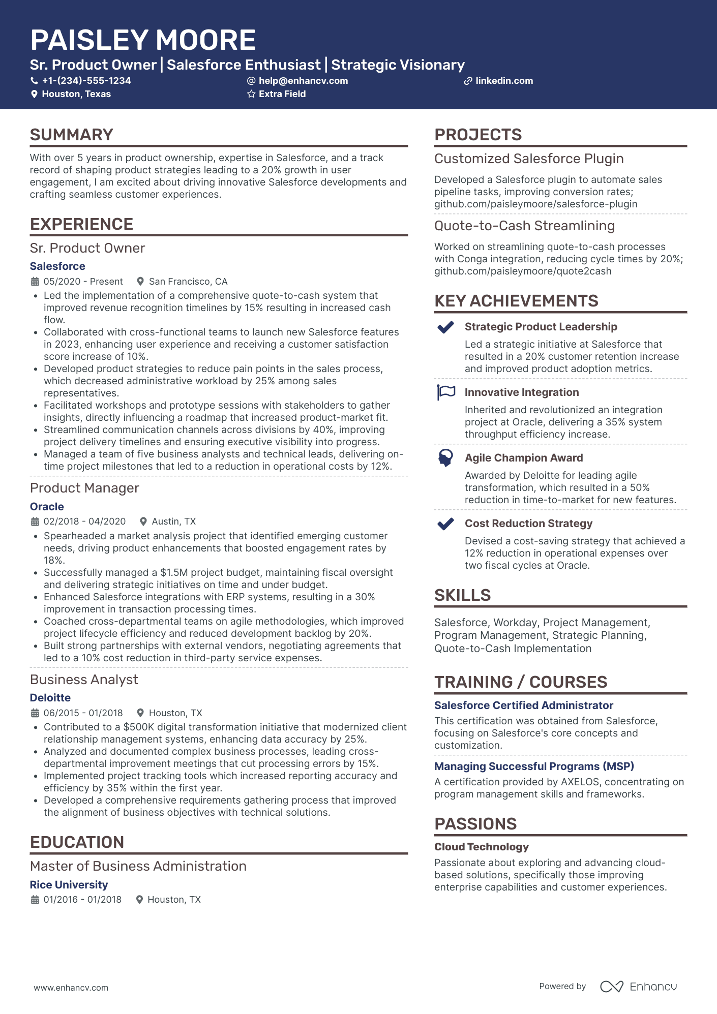 Salesforce Product Owner Resume Example