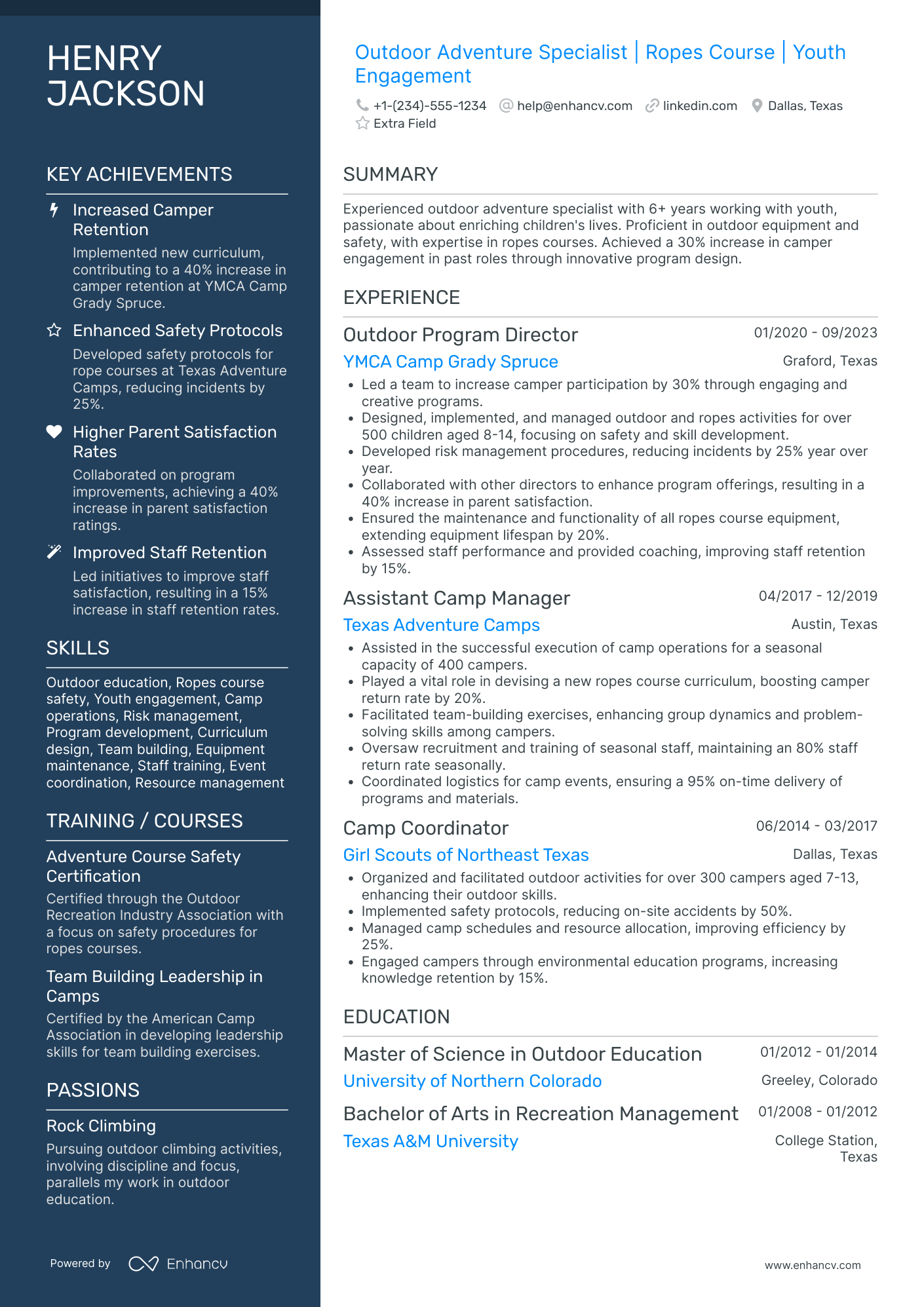 Outdoor Adventure Camp Counselor Resume Example