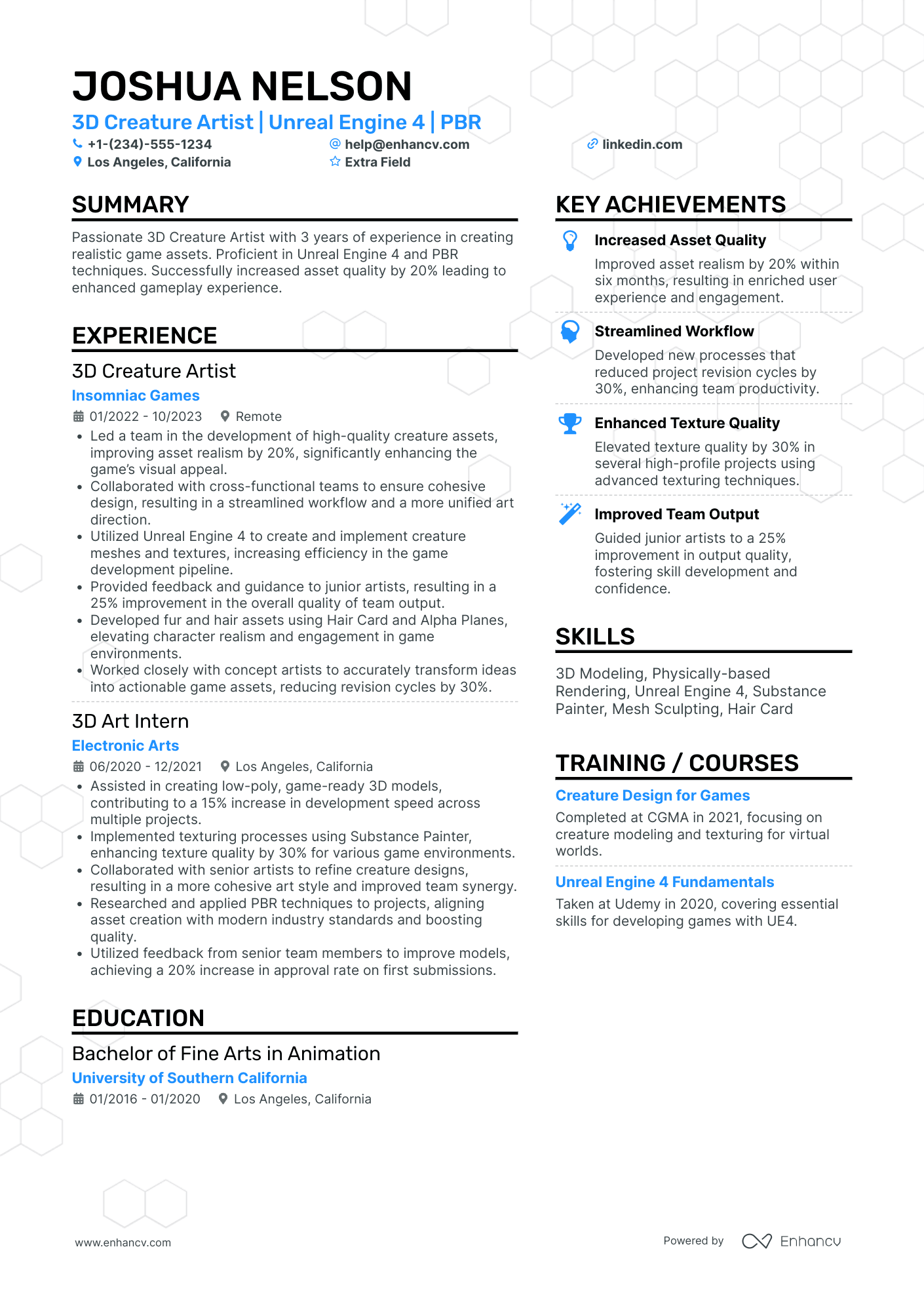 Junior 3D Artist Resume Example