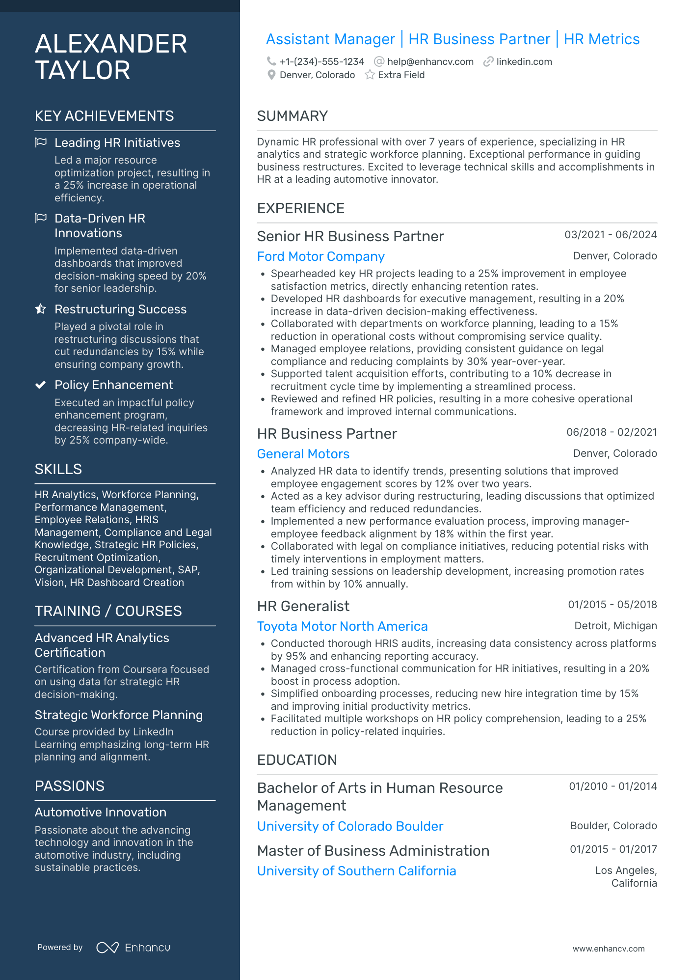 HR Business Partner Manager Resume Example