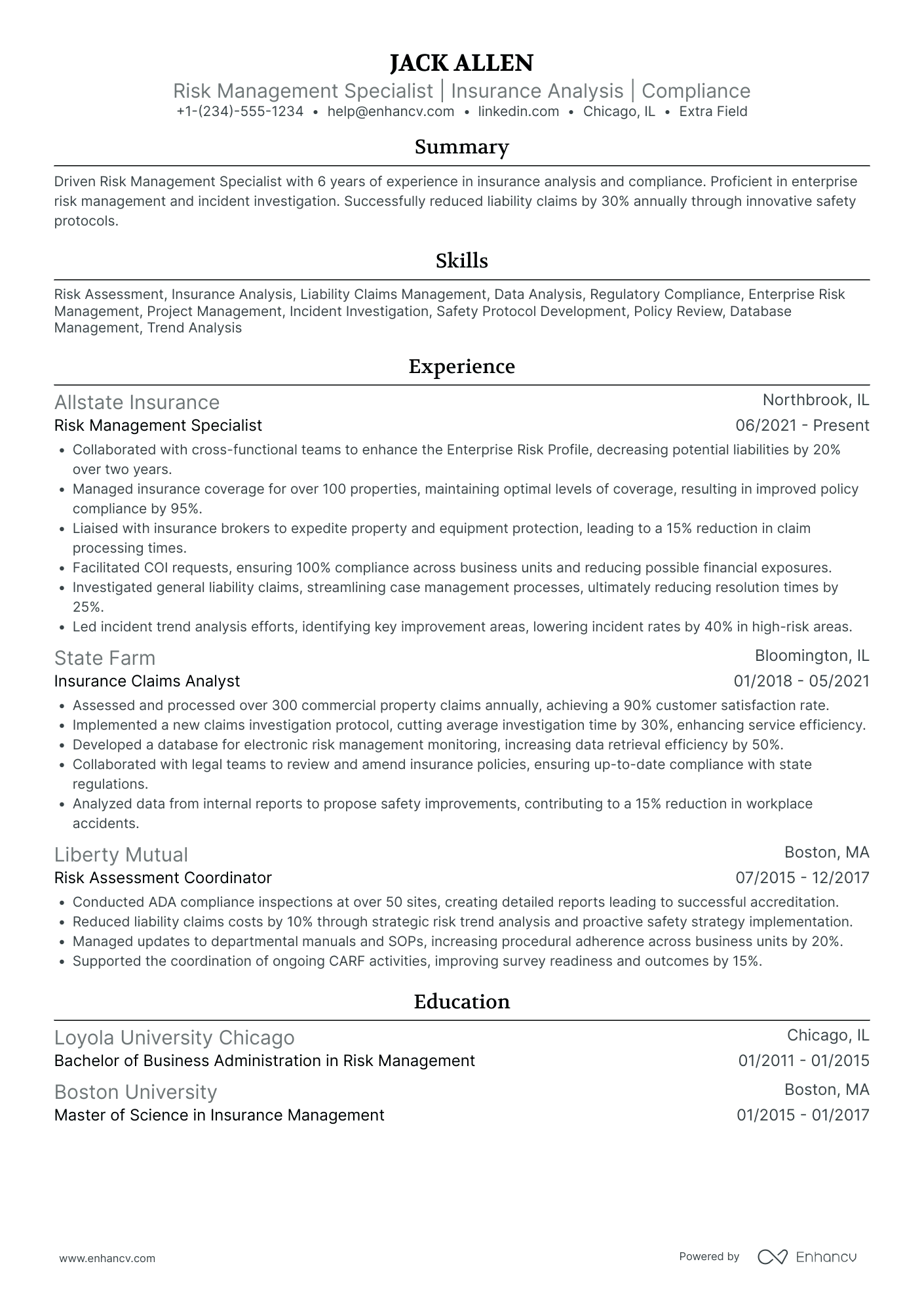 Risk Management Specialist Resume Example