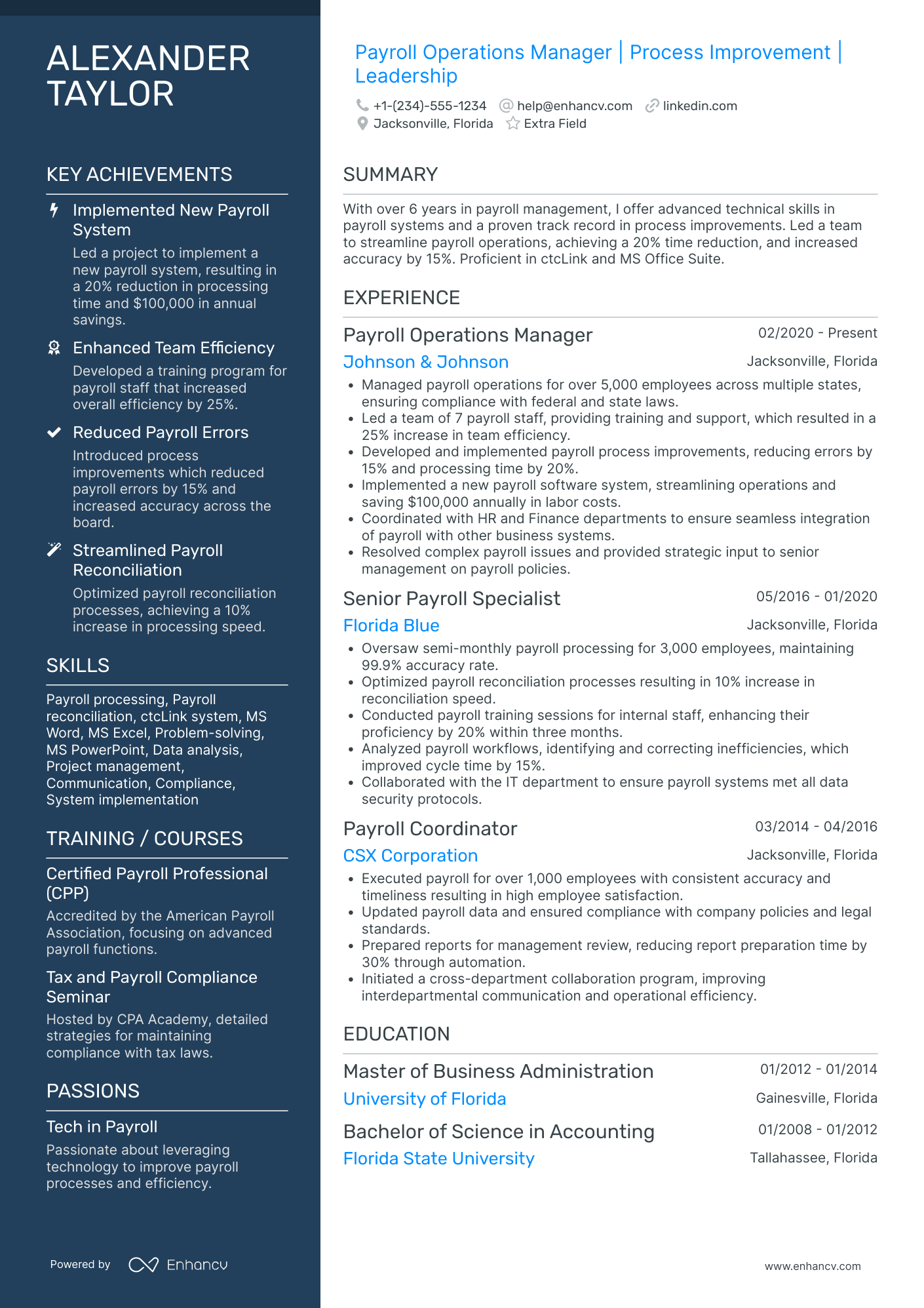 Payroll Operations Manager Resume Example