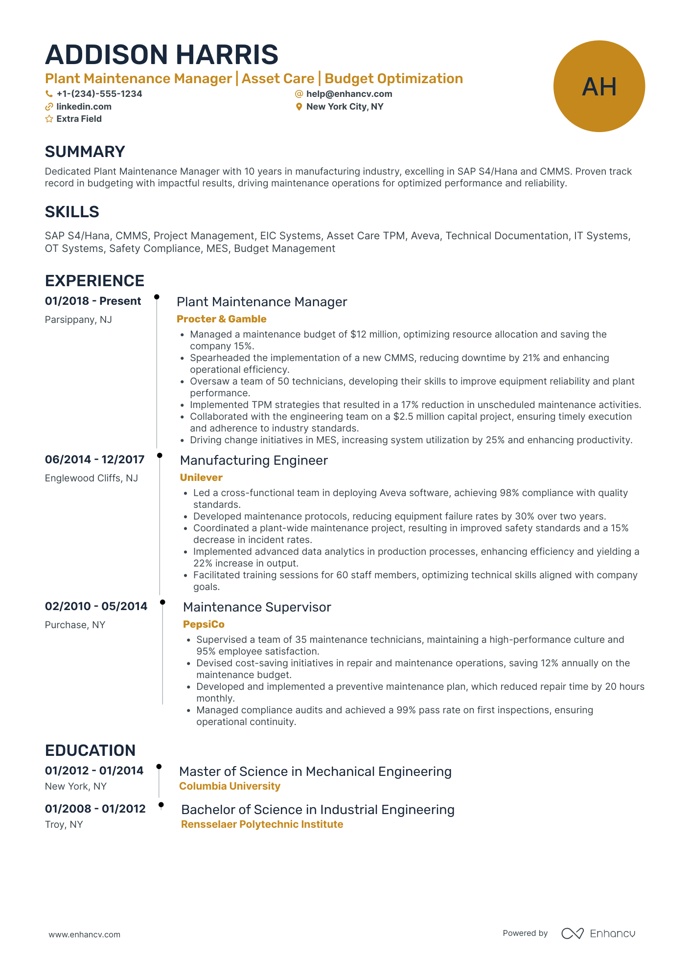 Factory Planning Manager Resume Example