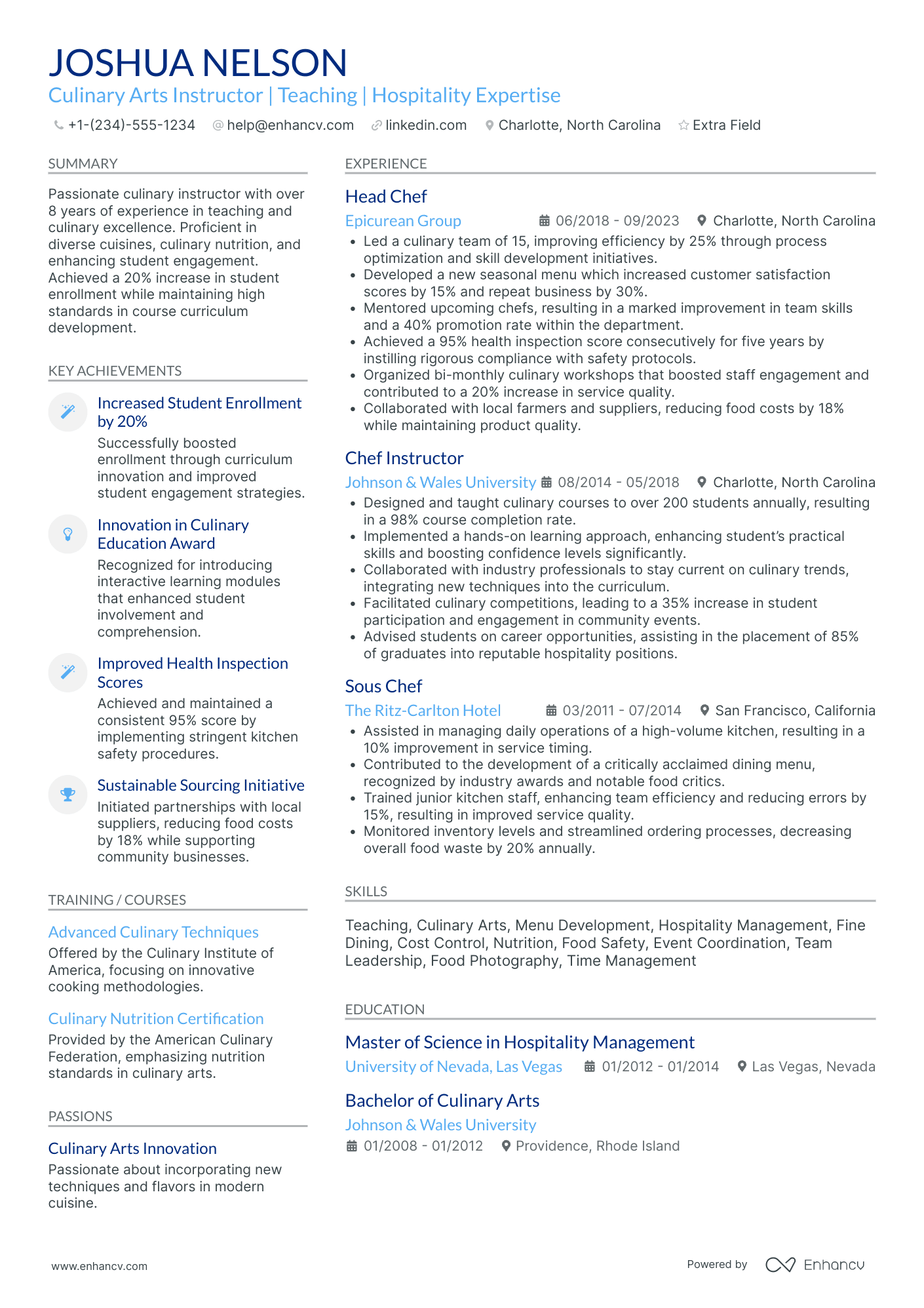 Chef Instructor Resume Example