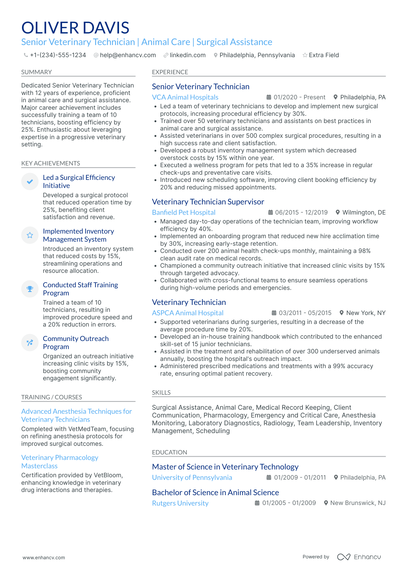 Senior Veterinary Technician Resume Example