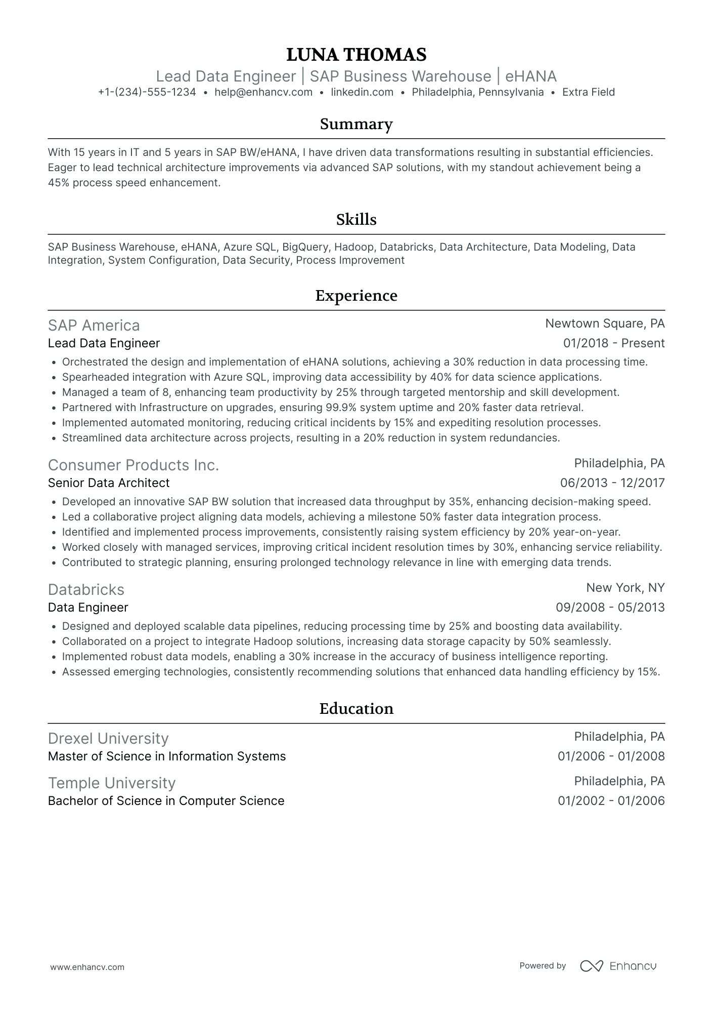 Lead Azure Data Engineer Resume Example