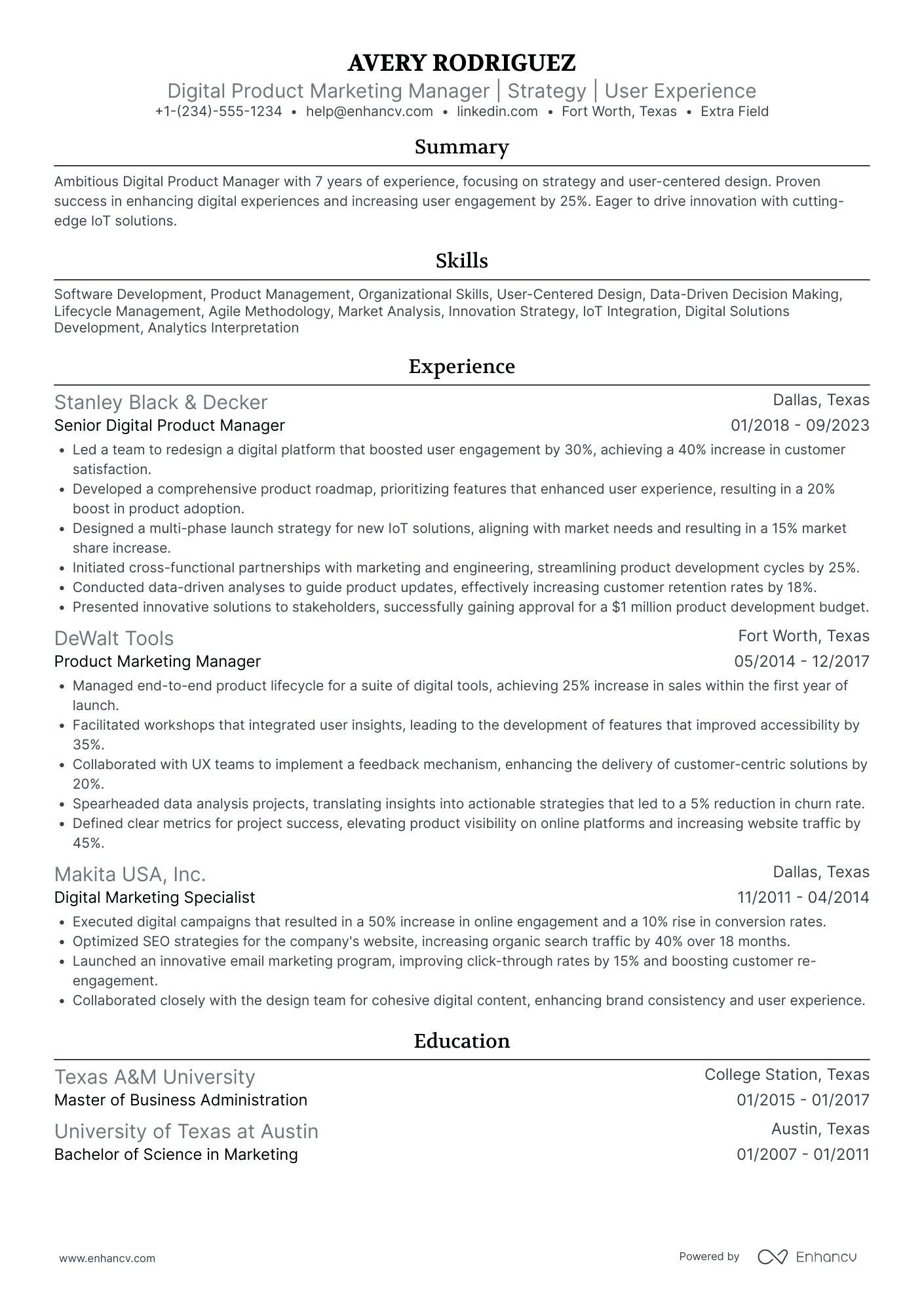 Digital Product Marketing Manager Resume Example