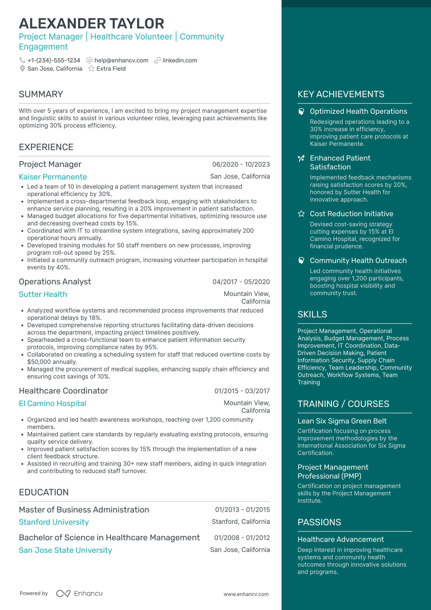 Hospital Volunteer Team Leader Resume Example