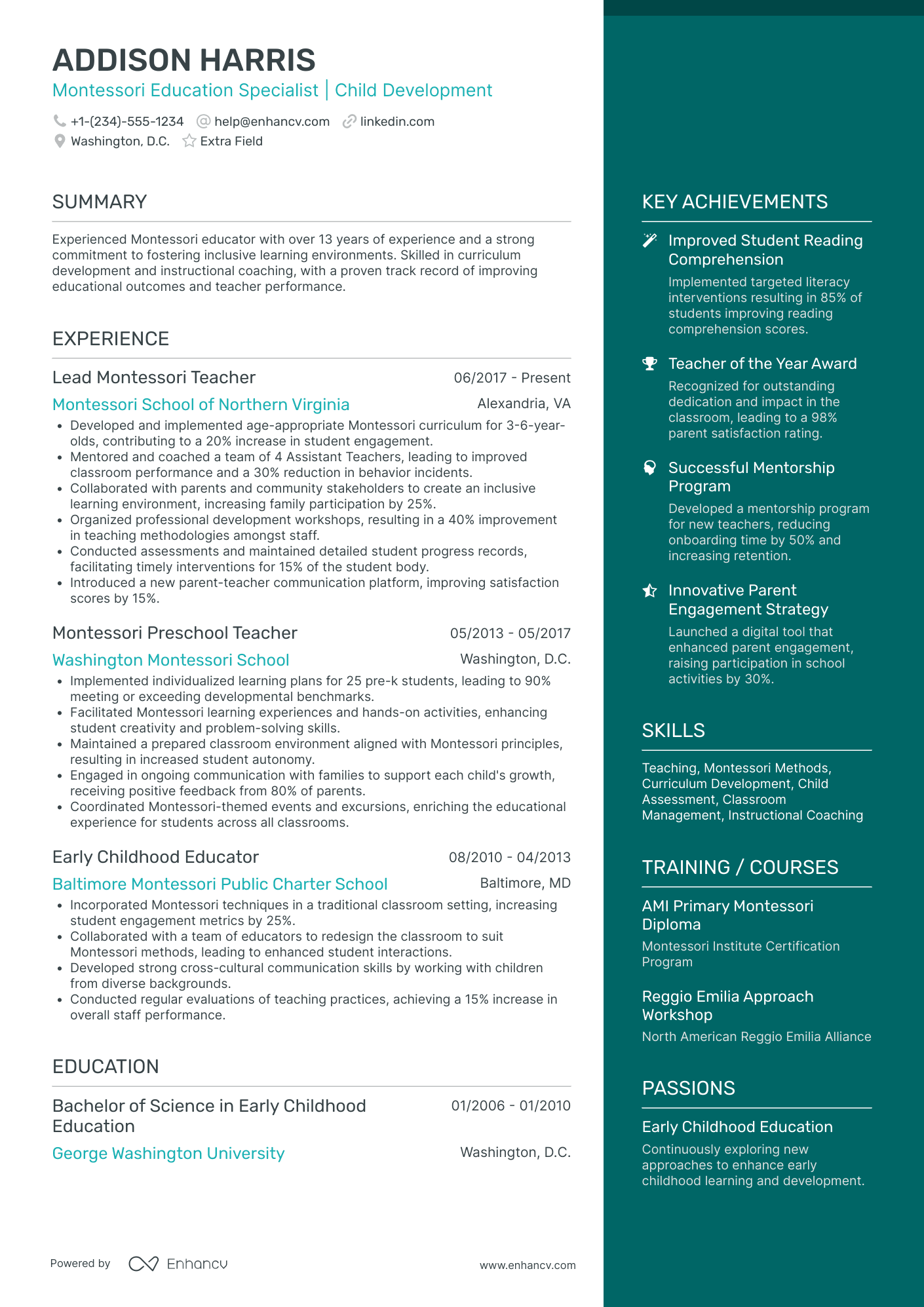 Early Childhood Montessori Teacher Resume Example