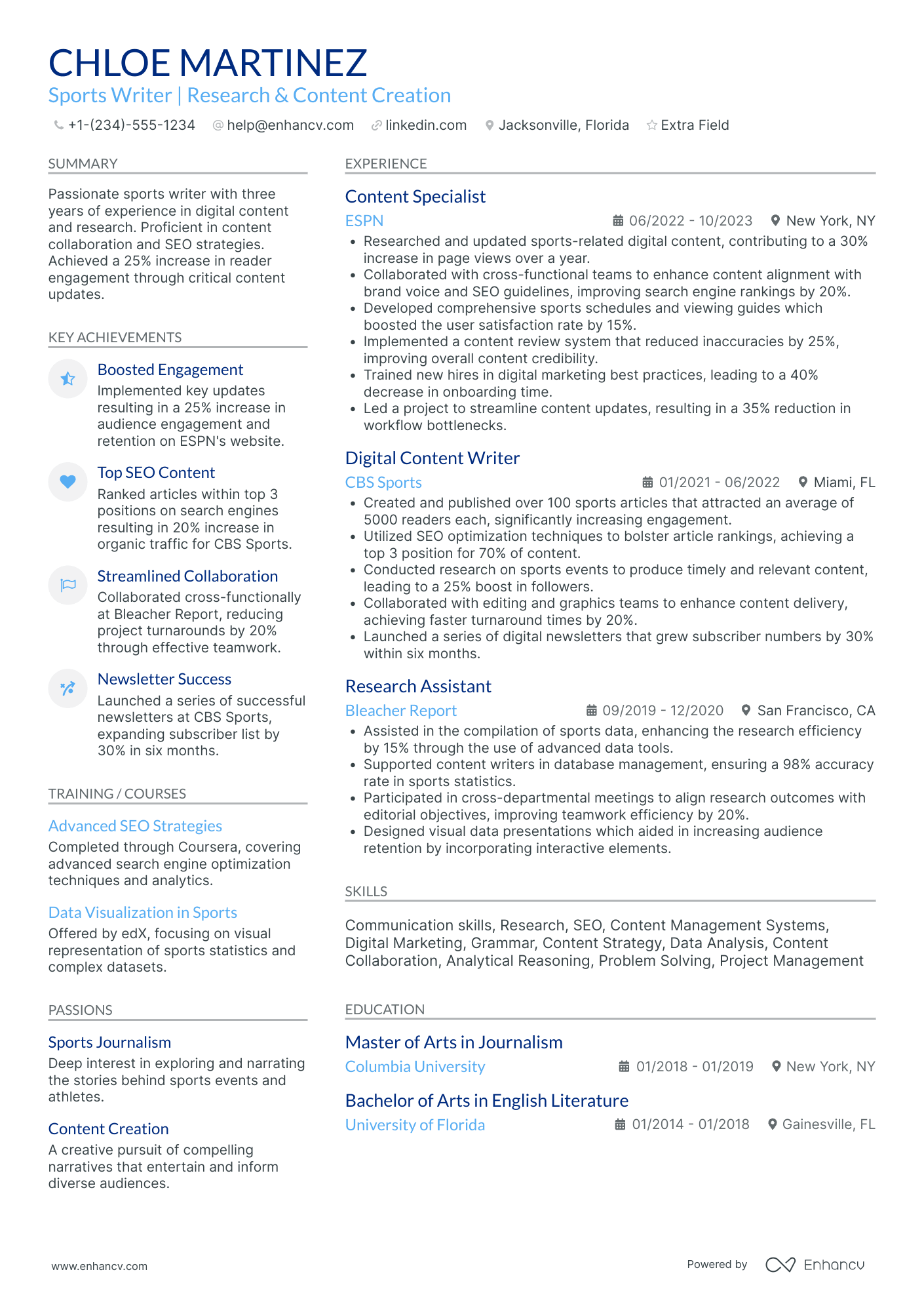 Sports Writer Resume Example