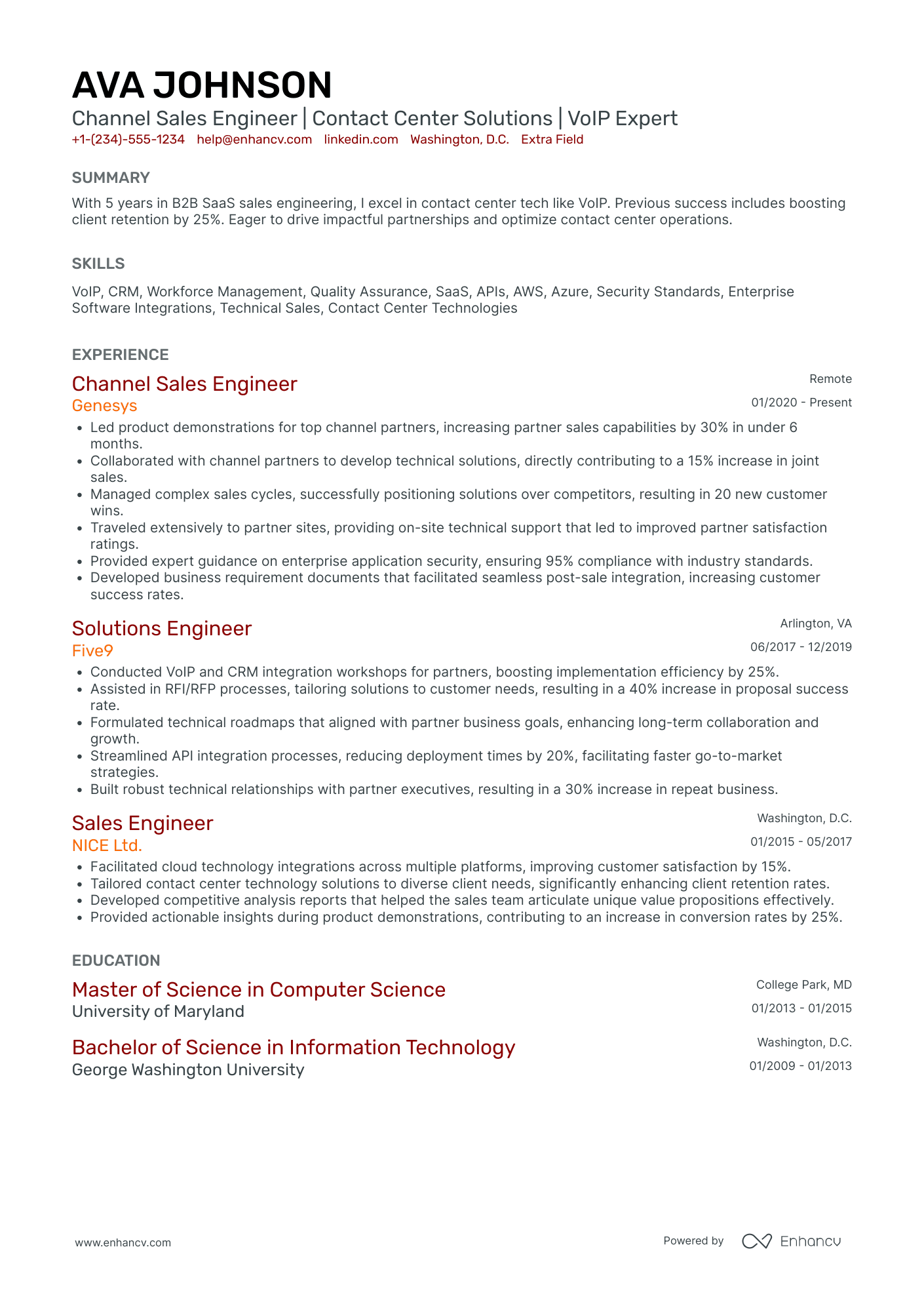 Channel Sales Engineer Resume Example