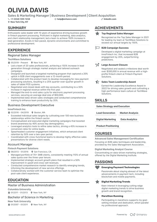 Sales Marketing Manager Resume Example