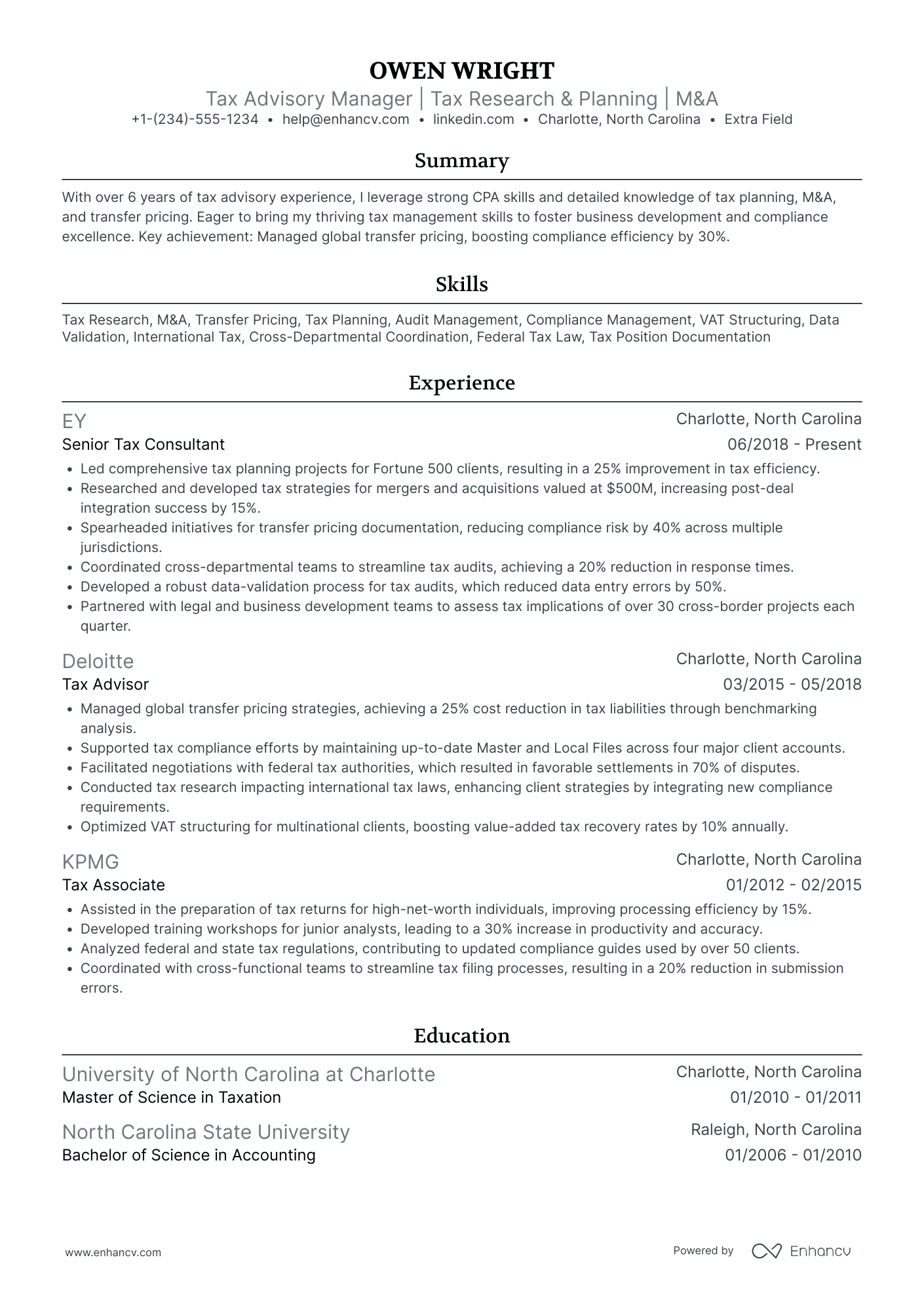 Tax Advisory Manager Resume Example