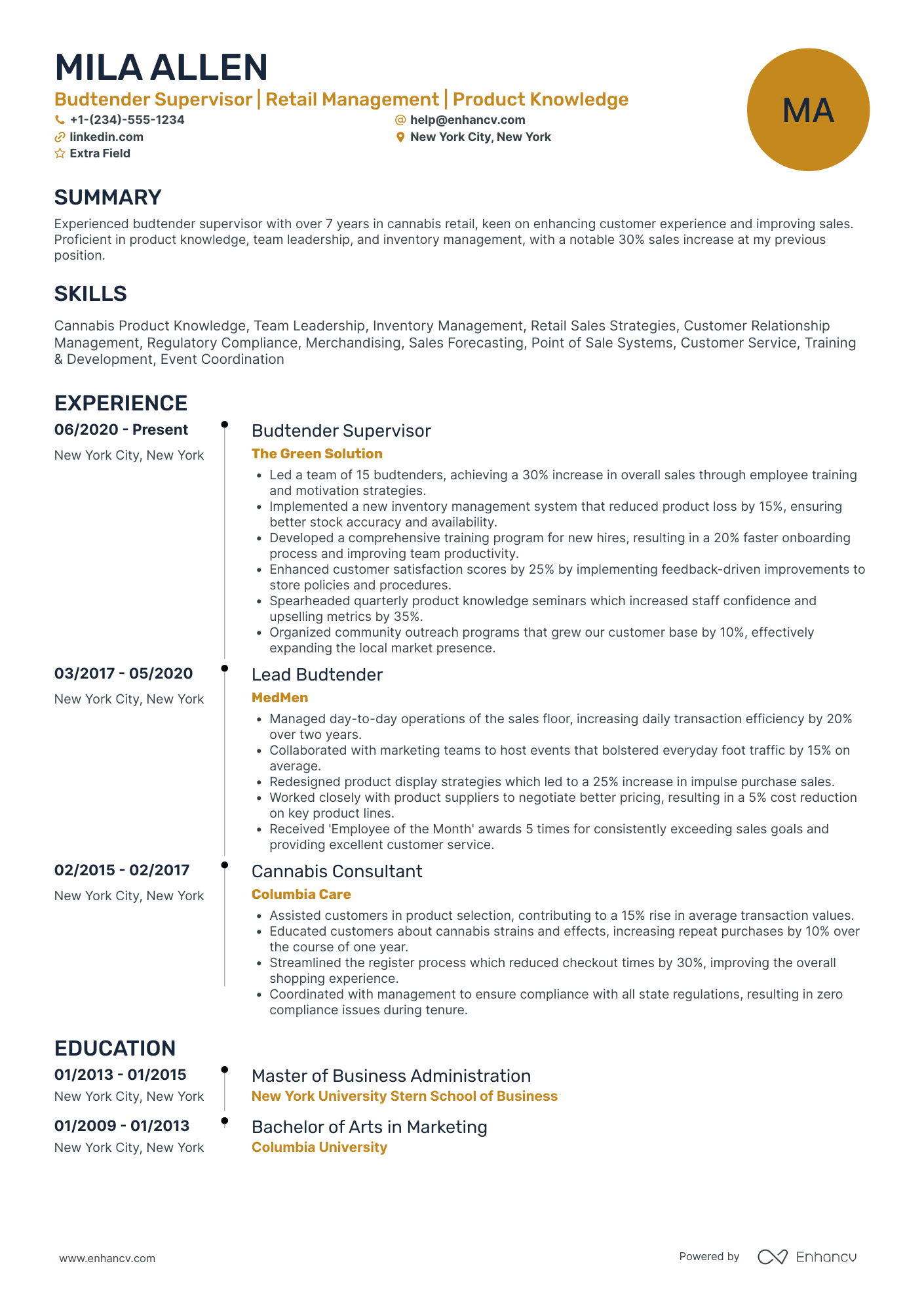 Budtender Supervisor Resume Example