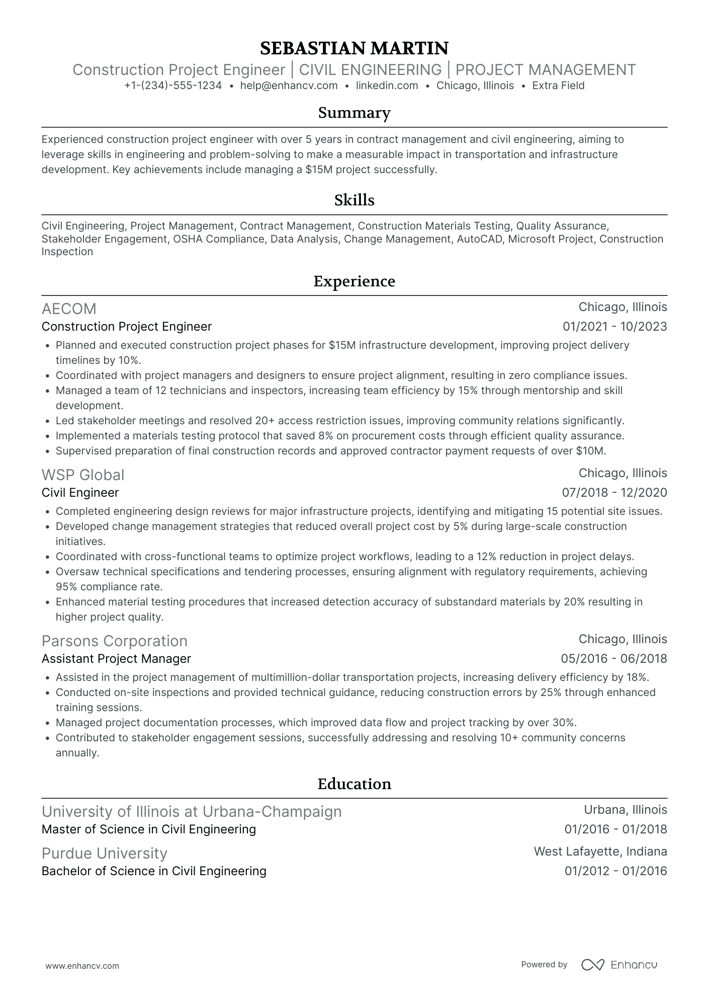 Construction Project Engineer Resume Example