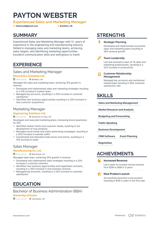 Sales Marketing Manager Resume Example