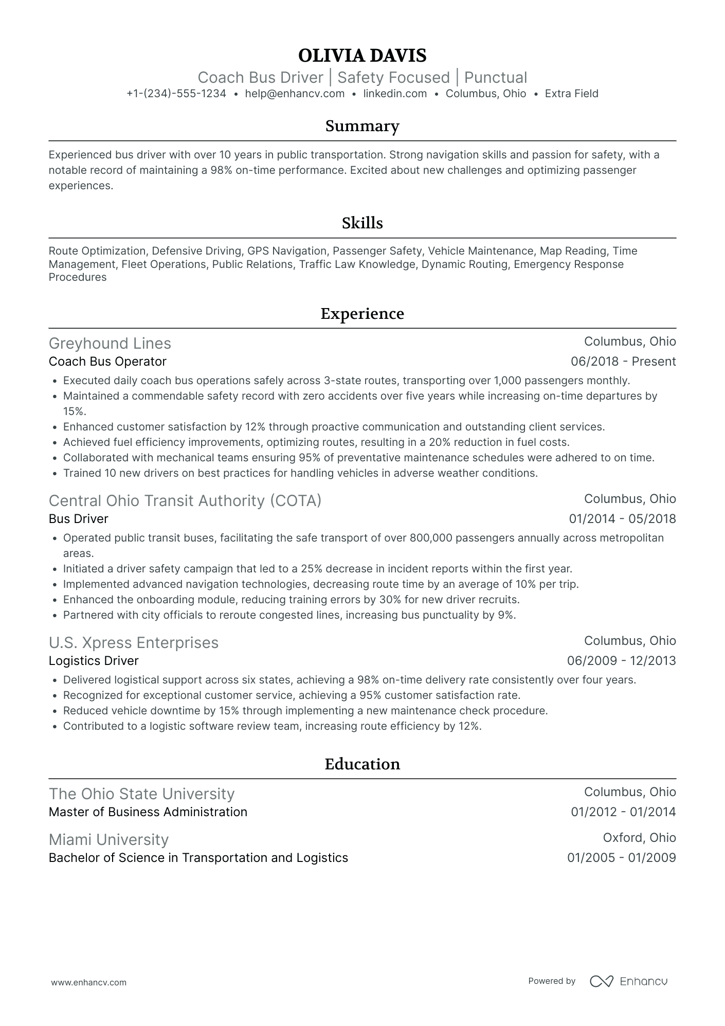 Coach Bus Driver Resume Example