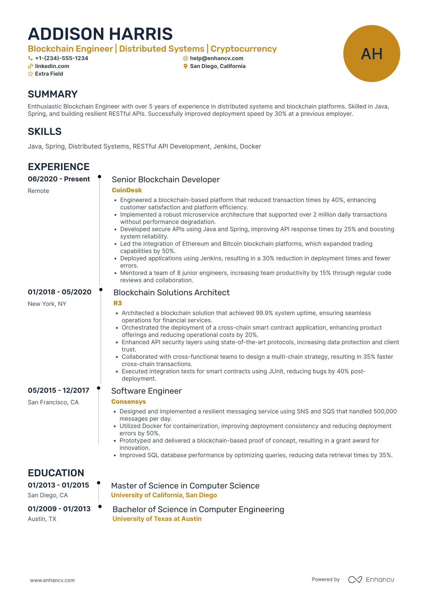 Blockchain Solutions Architect Resume Example